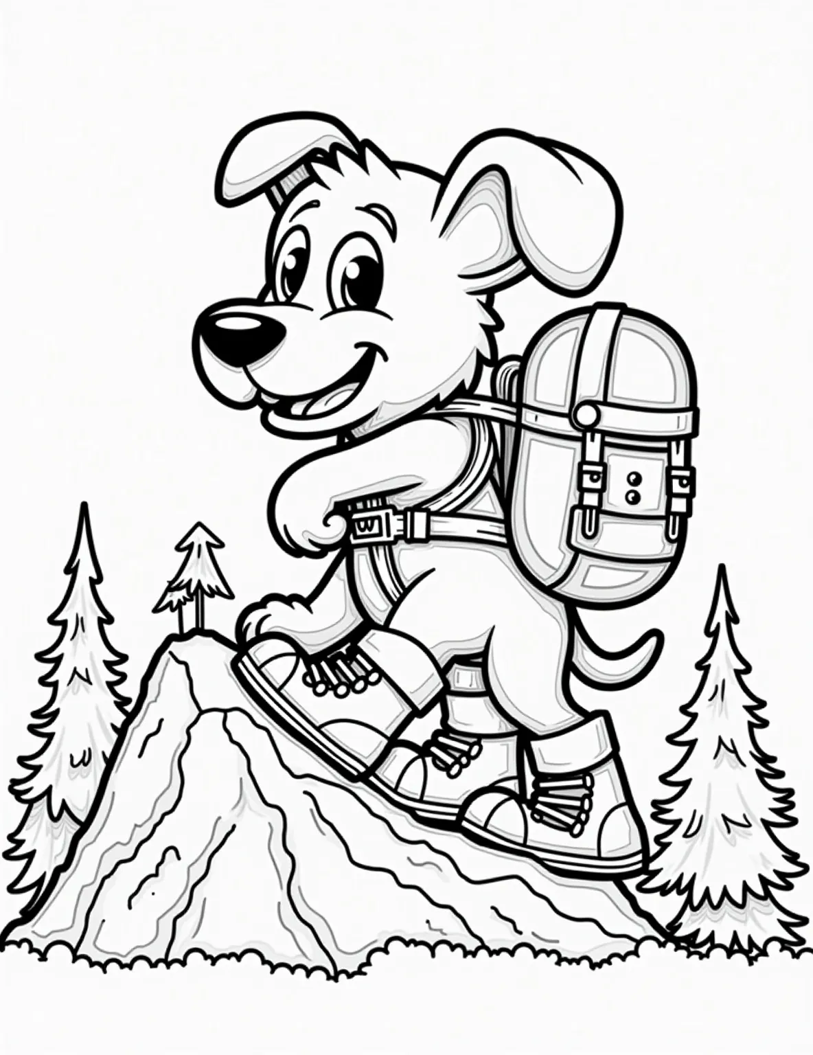 Puppy's Snowy Mountain Adventure Coloring Page -- prompt: "black lines only Adorable puppy sporting oversized backpack and chunky boots, scaling snowy peak. Simplified pine trees dot background. Bold outlines define features. Large, empty spaces await coloring. Cheerful expression on pup's face. Adventure-themed elements like compass and map peek from backpack. flat black lines, premium coloring page, coloring sheet, line drawing, Coloring Book, NO COLOR, NO SHADING, WHITE BACKGROUND. NO GRAY, BLACK AND WHITE, NO COLOR" -- Join a brave little puppy on a thrilling mountain expedition with this action-packed coloring page. The adventurous pup, wearing a tiny backpack and boots, climbs a snowy peak with determination. Majestic mountains, evergreen trees, and perhaps a distant eagle create an inspiring wilderness scene for nature-loving colorists of all ages.