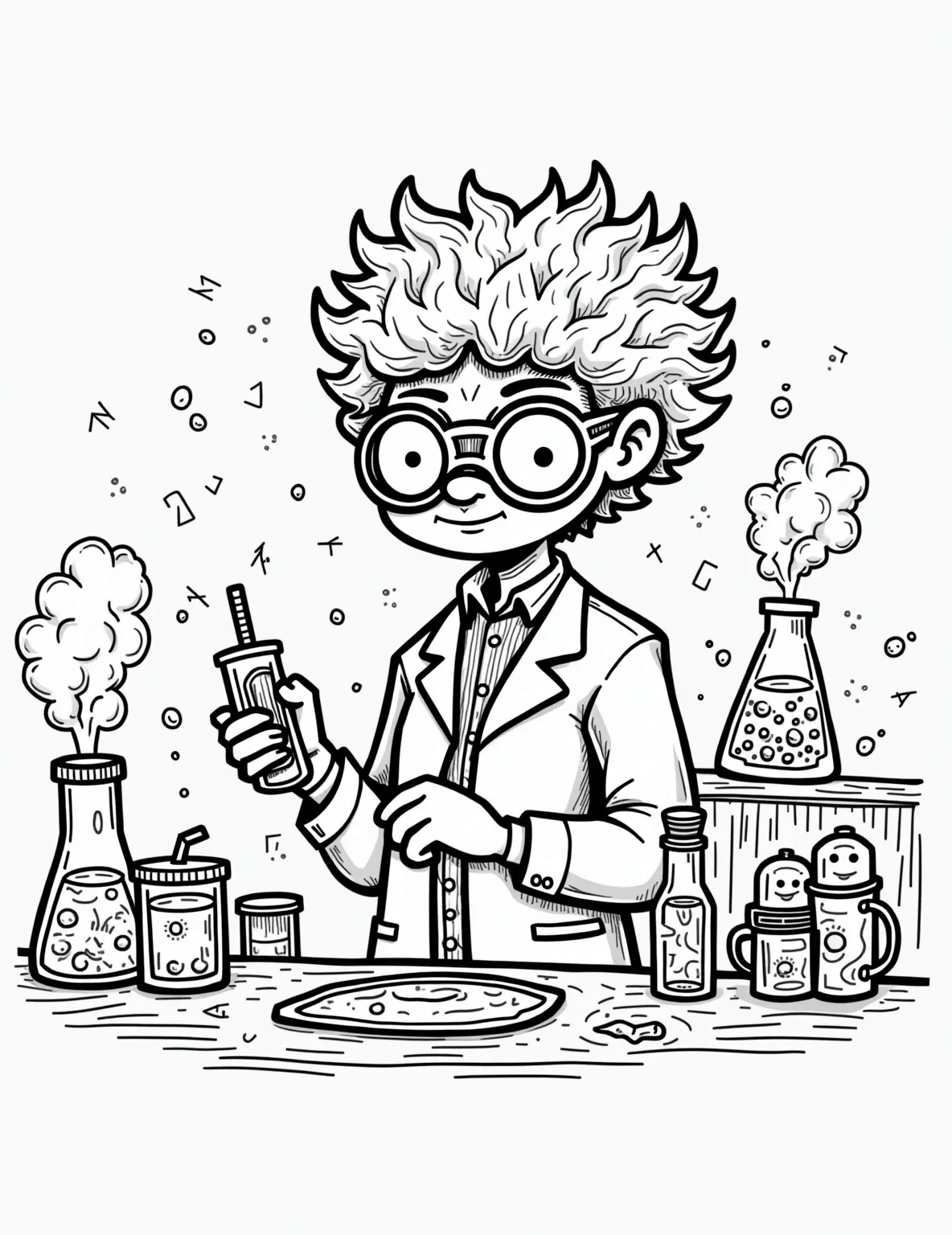 Boba Tea Mad Scientist Laboratory -- prompt: "black lines only Playful laboratory coloring page: Boba-obsessed scientist with wild hair, oversized glasses. Bubbling tea beakers, tapioca pearl cannons, milk tea volcanoes. Quirky gadgets, swirling equations, and boba-powered robots. Bold outlines, simple shapes for easy coloring. Joyful chaos reigns supreme! flat black lines, premium coloring page, coloring sheet, line drawing, Coloring Book, NO COLOR, NO SHADING, WHITE BACKGROUND. NO GRAY, BLACK AND WHITE, NO COLOR" -- Unleash your inner mad scientist with this wacky and detailed coloring page. A wild-haired boba cup scientist conducts experiments in a lab filled with bubbling beakers of tea and swirling vortexes of tapioca pearls. Adults will appreciate the intricate details and humorous elements hidden throughout the chaotic laboratory scene.