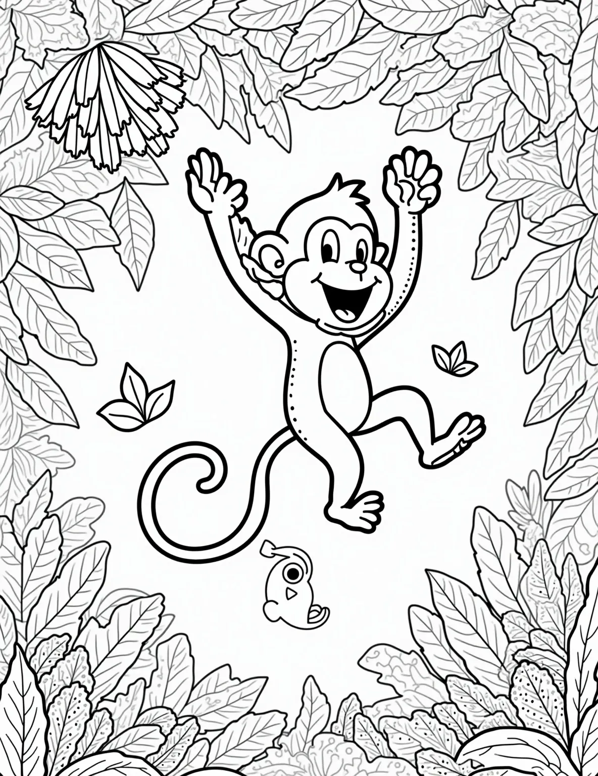 Mischievous Monkey's Banana Bonanza -- prompt: "black lines only Playful monkey outline swings gleefully on curvy vine, arms outstretched toward dangling banana bunch. Lush jungle foliage surrounds, filled with bold patterns and shapes. Simple, thick lines perfect for coloring. Cheerful scene invites creativity, ideal for all ages. flat black lines, premium coloring page, coloring sheet, line drawing, Coloring Book, NO COLOR, NO SHADING, WHITE BACKGROUND. NO GRAY, BLACK AND WHITE, NO COLOR" -- Go bananas with this fun-filled monkey coloring page. A playful monkey is swinging from a vine, surrounded by bunches of ripe bananas. This energetic scene is perfect for kids who love active animals and bright, tropical settings.