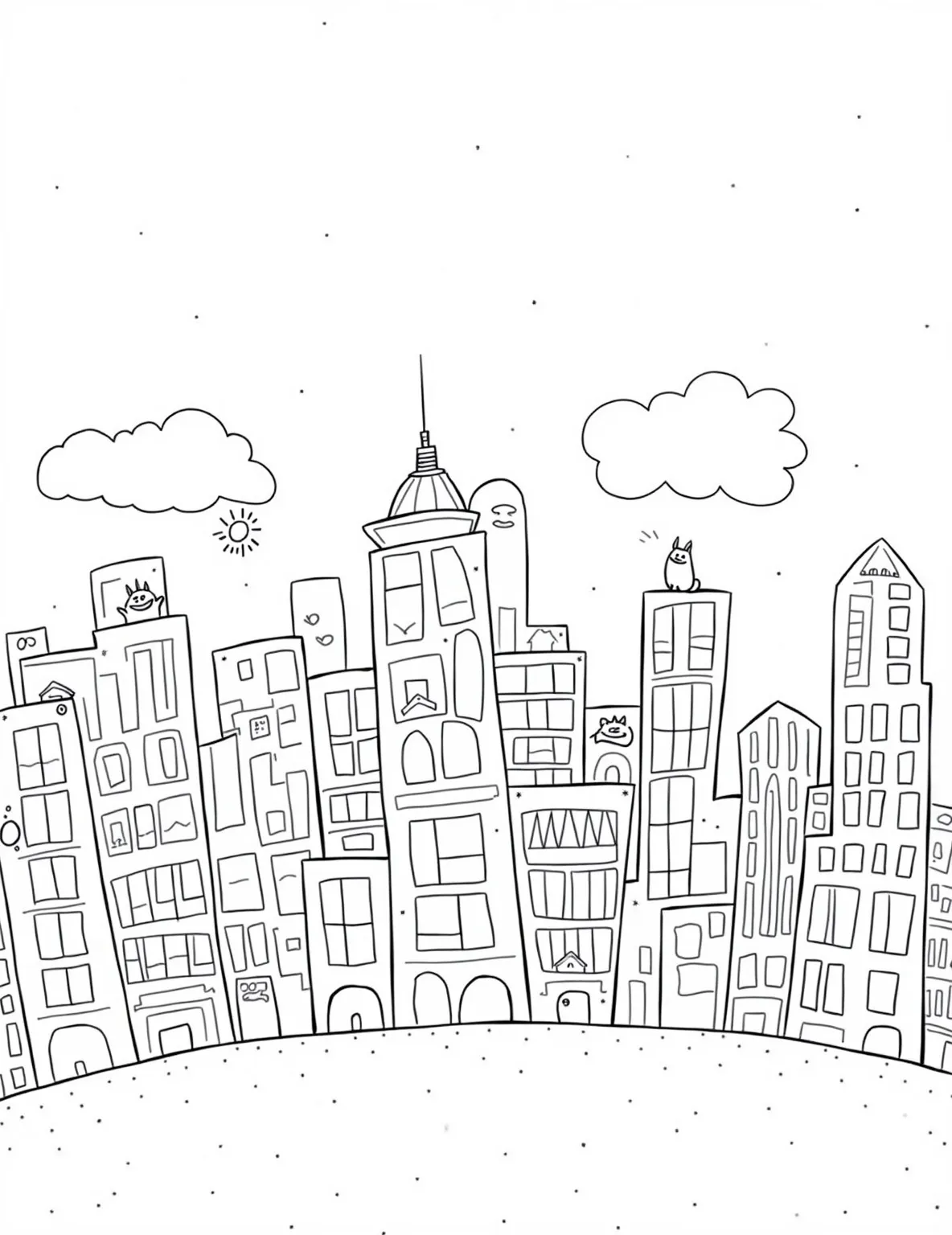 Square City Skyline -- prompt: "black lines only Playful city skyline coloring page. Chunky skyscrapers with quirky windows, billboards, and antennas. Rounded clouds float above. Cheerful sun peeks from corner. Hidden objects like cats, birds, and balloons scattered throughout. Bold outlines perfect for coloring fun. Cityscape buzzes with silent energy, flat black lines, premium coloring page, coloring sheet, line drawing, Coloring Book, NO COLOR, NO SHADING, WHITE BACKGROUND. NO GRAY, BLACK AND WHITE, NO COLOR" -- Explore the world of squares with this urban-themed coloring page. A city skyline composed entirely of squares and rectangles showcases the versatility of these shapes in architecture. Children can add their own creative touches by coloring the buildings and adding details to the windows and doors.