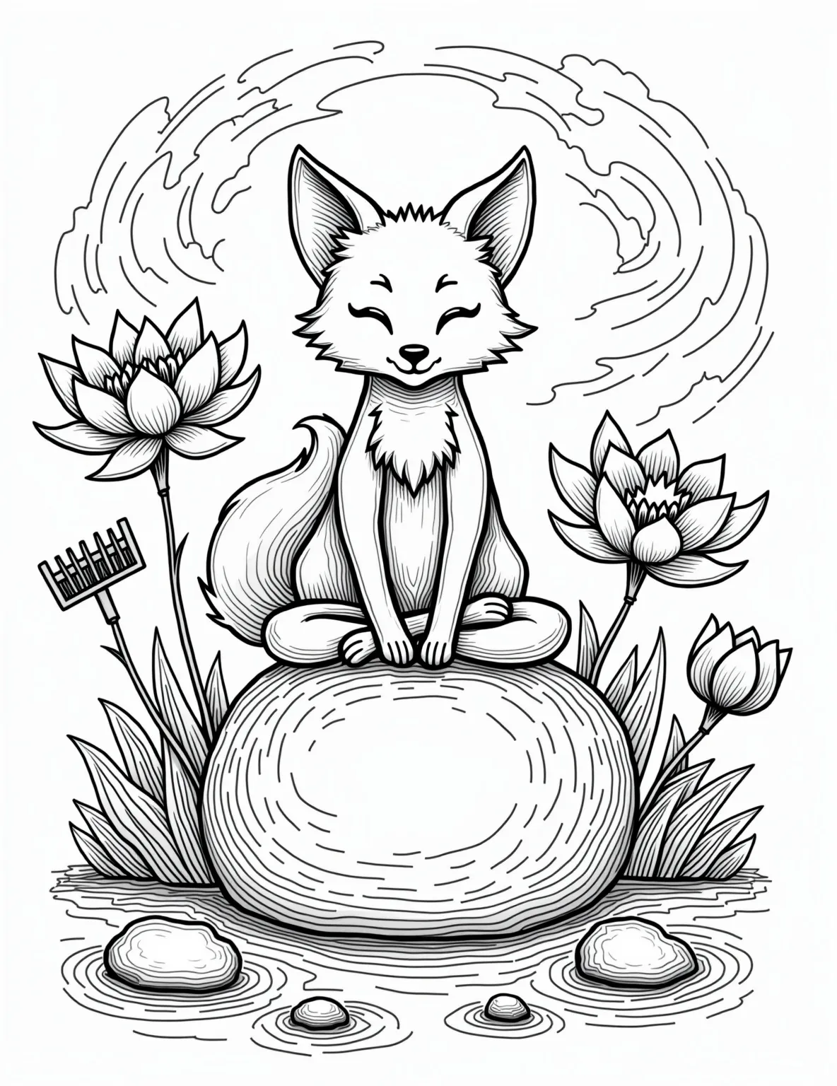 Zen Fox Meditating -- prompt: "black lines only Playful line art fox, cross-legged, meditating atop oversized zen stone. Lotus flowers bloom around, their petals exaggerated. Swirling patterns fill background. Simplified shapes perfect for coloring. Peaceful scene with bold outlines, inviting creativity. Zen garden elements stylized flat black lines, premium coloring page, coloring sheet, line drawing, Coloring Book, NO COLOR, NO SHADING, WHITE BACKGROUND. NO GRAY, BLACK AND WHITE, NO COLOR" -- This peaceful coloring page shows a fox in a meditation pose. Surrounded by zen stones and lotus flowers, the fox appears serene and balanced. It's a unique way to introduce concepts of mindfulness and relaxation.