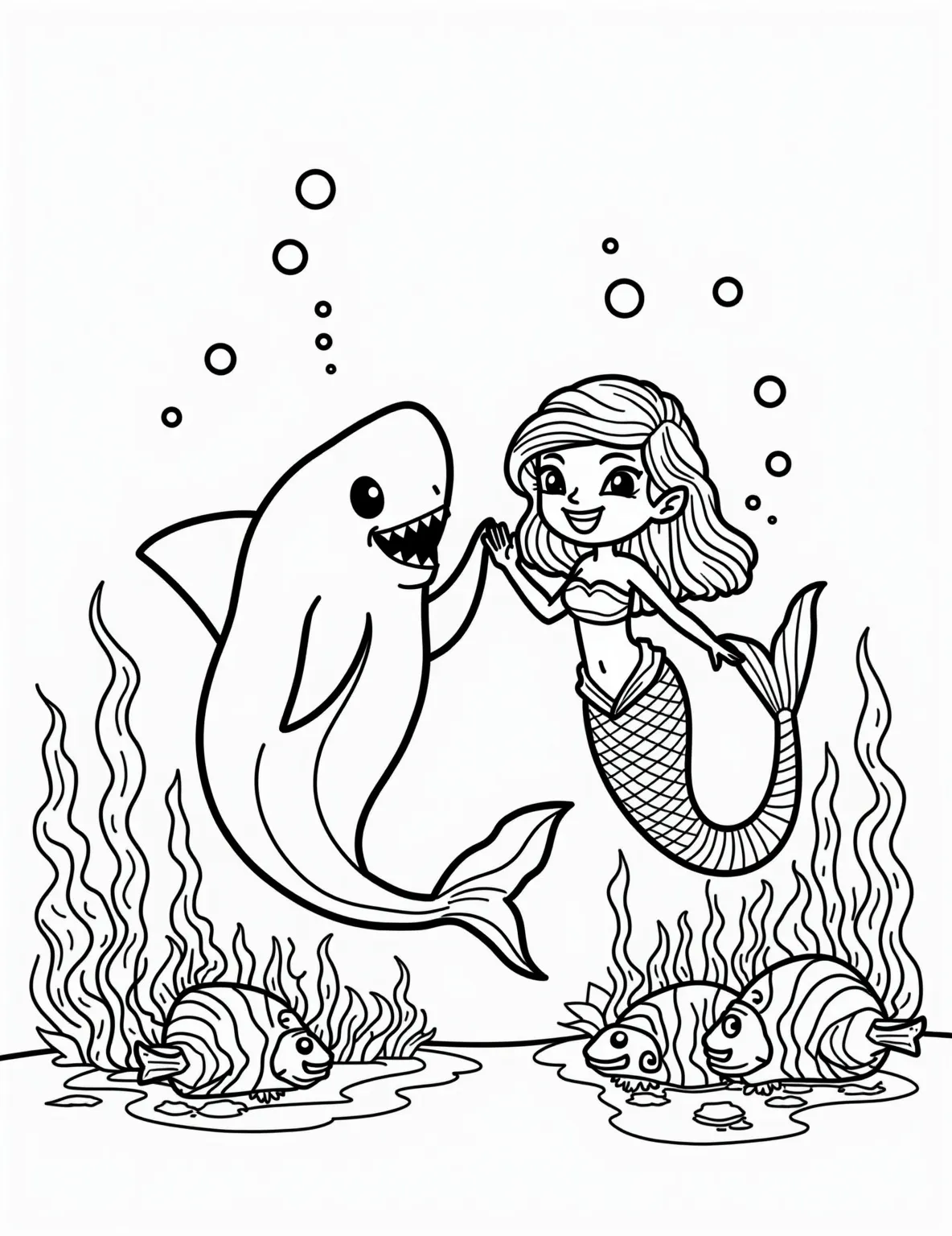 Mermaid's Shark Friend -- prompt: "black lines only Playful line art of a grinning cartoon shark and cheerful mermaid swimming together. Bold outlines perfect for coloring. Surrounding them are swirling bubbles, wavy seaweed, and quirky fish. Scene set in a fun underwater world with simple shapes and patterns. flat black lines, premium coloring page, coloring sheet, line drawing, Coloring Book, NO COLOR, NO SHADING, WHITE BACKGROUND. NO GRAY, BLACK AND WHITE, NO COLOR" -- Dive into a world of fantasy with this mermaid and shark friendship coloring page. The unlikely pair is shown swimming together, challenging perceptions about sharks. It's a magical choice for those who love to blend reality with imagination in their coloring adventures.