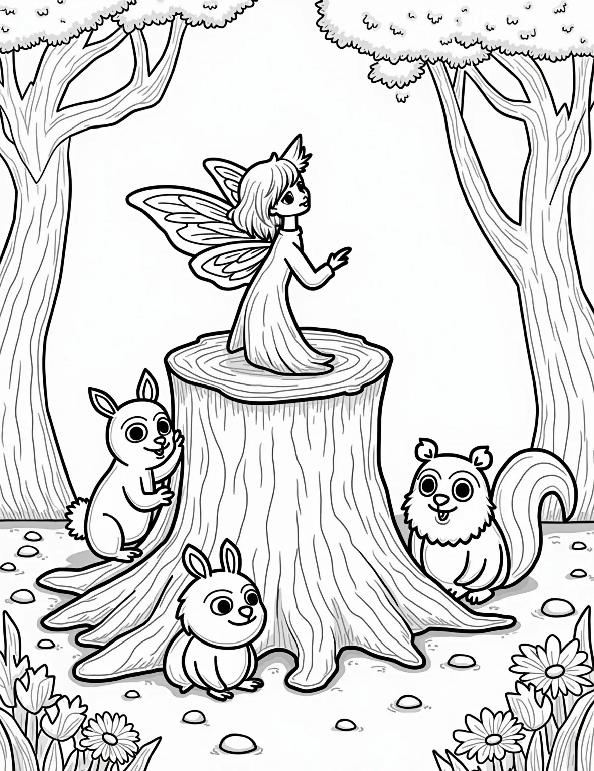 Woodland Fairy and Animal Friends Coloring Page -- prompt: "black lines only Charming fairy perched on mossy tree stump, outlined in bold black strokes. Adorable woodland creatures—fluffy rabbit, wise owl, bushy-tailed squirrel—surround her. Simplistic forest background with stylized trees and flowers. Large, clean shapes perfect for coloring. Magical forest scene ready for creative imagination. flat black lines, premium coloring page, coloring sheet, line drawing, Coloring Book, NO COLOR, NO SHADING, WHITE BACKGROUND. NO GRAY, BLACK AND WHITE, NO COLOR" -- Explore the heart of the forest with this sweet woodland fairy coloring page. Our fairy protagonist is surrounded by her animal friends, including a curious rabbit, a friendly owl, and a playful squirrel. This page celebrates the harmony between fairies and nature.