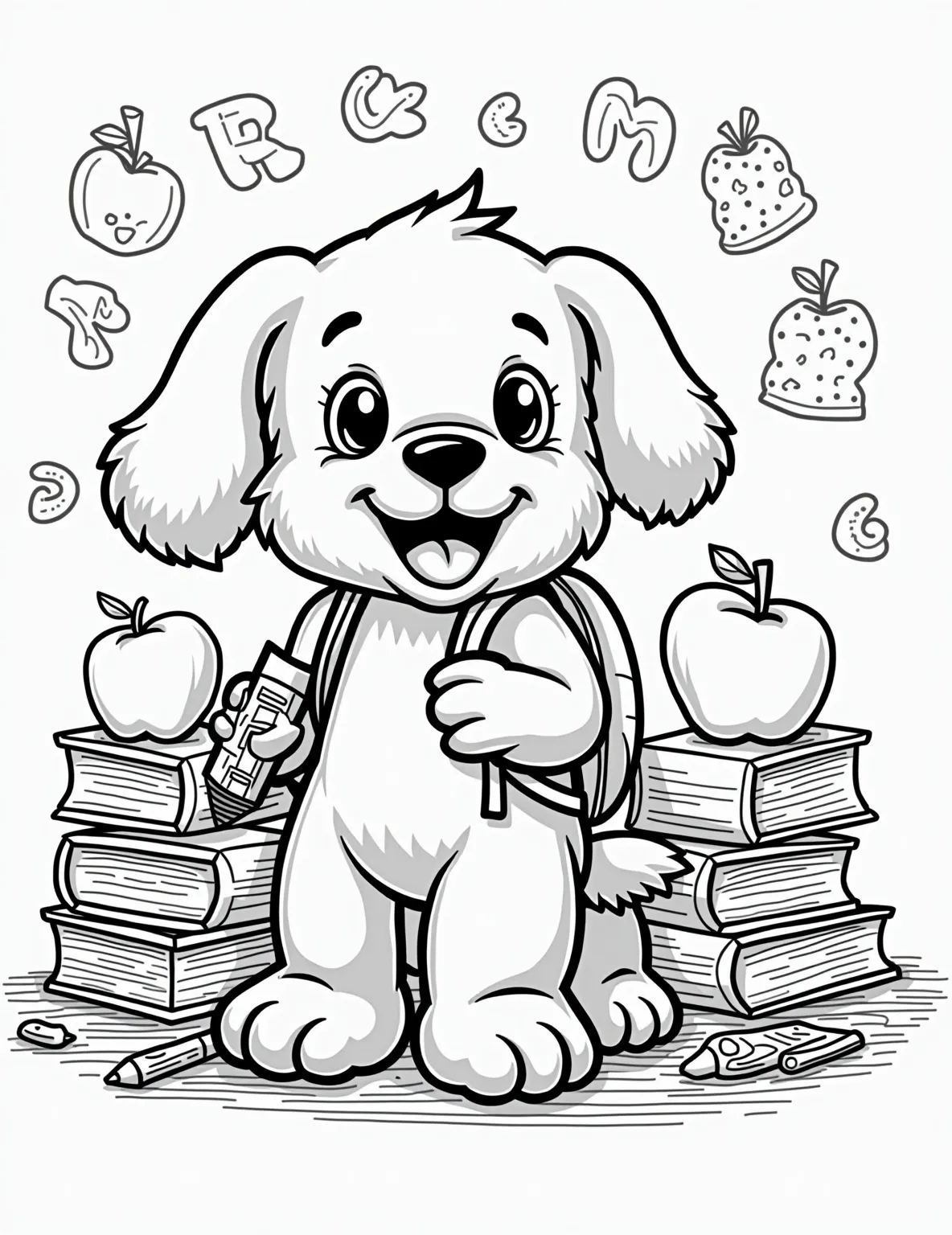 Puppy's First Day of School Coloring Page -- prompt: "black lines only Adorable cartoon puppy wearing oversized backpack, clutching giant pencil. Surrounded by bold, simple outlines of jumbo alphabet blocks, stacked textbooks, and swirling notebook pages. Cheerful, chunky lines perfect for coloring. Playful doodles of apples, rulers, and school bells scattered throughout. flat black lines, premium coloring page, coloring sheet, line drawing, Coloring Book, NO COLOR, NO SHADING, WHITE BACKGROUND. NO GRAY, BLACK AND WHITE, NO COLOR" -- Celebrate learning with this adorable back-to-school puppy coloring page! A eager puppy stands with a backpack, holding a pencil in its mouth. Surrounded by books, an apple, and alphabet blocks, this scene captures the excitement of a pup's first day at school.