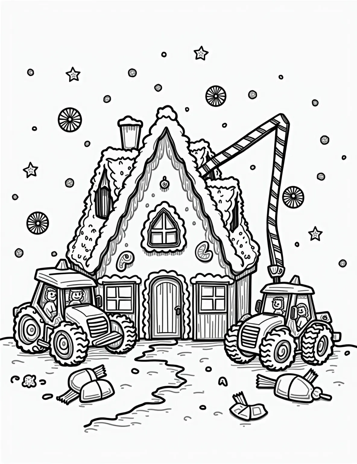 Gingerbread Construction Crew Building Site Coloring Page -- prompt: "black lines only Adorable gingerbread construction workers, with frosting hard hats and candy cane tools, build a cookie house. Licorice cranes, gumdrop bulldozers, and a marshmallow cement mixer dot the sugary landscape. Thick, bold outlines define each sweet element, perfect for coloring. flat black lines, premium coloring page, coloring sheet, line drawing, Coloring Book, NO COLOR, NO SHADING, WHITE BACKGROUND. NO GRAY, BLACK AND WHITE, NO COLOR" -- This industrious coloring page shows a team of gingerbread construction workers on a building site. They're operating machinery, carrying tools, and working together to build a structure. It's an detailed page that's perfect for kids who love construction vehicles and building things.