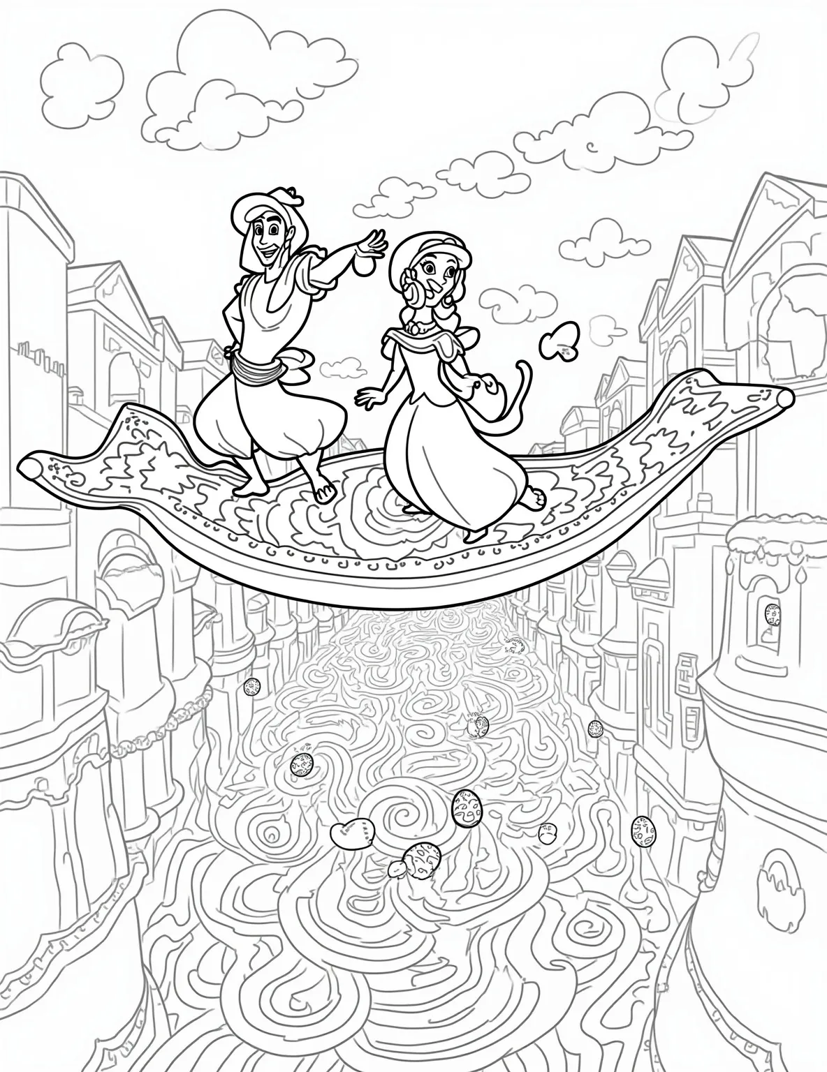 Aladdin and Jasmine's Magic Carpet Easter Ride -- prompt: "black lines only Aladdin and Jasmine soar on a magic carpet adorned with ornate Easter egg patterns. They gleefully scatter colorful eggs to excited children below. Agrabah's bustling streets and ornate buildings form a maze-like backdrop. Bold outlines and simple shapes perfect for coloring. flat black lines, premium coloring page, coloring sheet, line drawing, Coloring Book, NO COLOR, NO SHADING, WHITE BACKGROUND. NO GRAY, BLACK AND WHITE, NO COLOR" -- Aladdin and Jasmine bring Easter to Agrabah in this enchanting coloring page. They're riding the magic carpet, which is decorated with Easter eggs and flowers. The couple is dropping colorful eggs for children to find in the streets below.