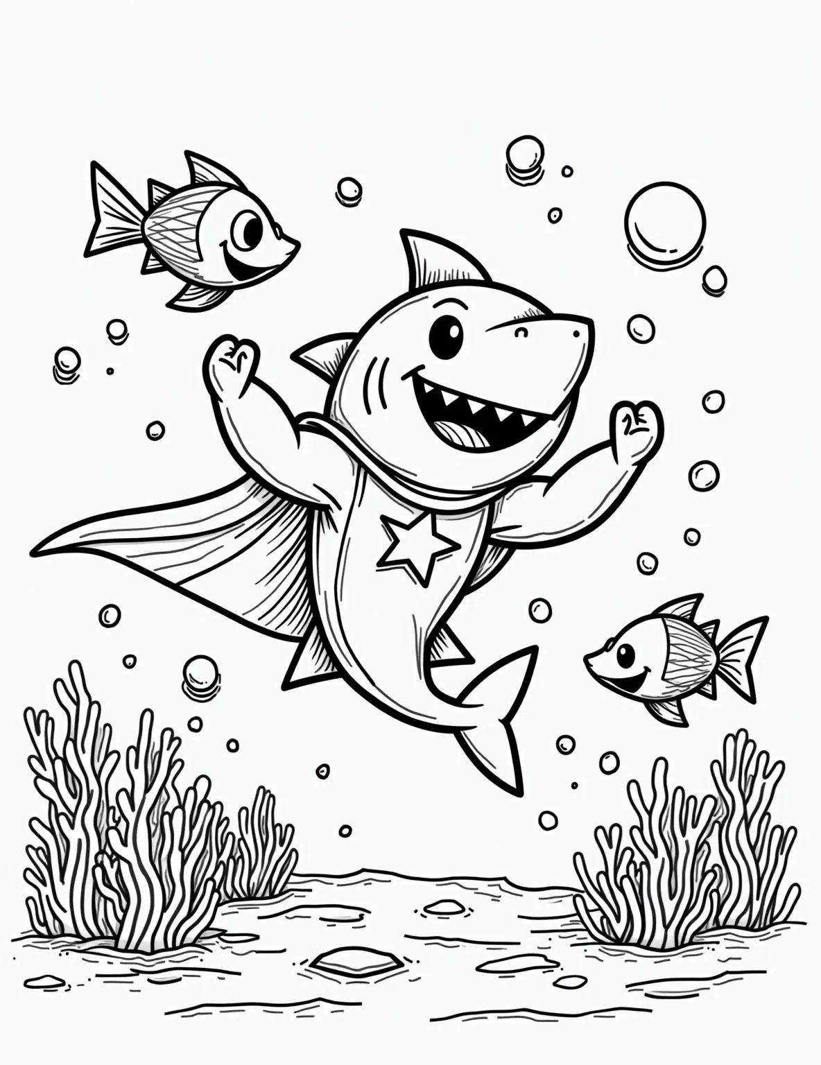 Shark Superhero to the Rescue -- prompt: "black lines only Coloring page design: Cheerful cartoon shark, bulging muscles, donning star-spangled cape and mask. Heroic underwater stance, fins akimbo. Surrounded by bold outlines of coral, fish, bubbles. Simplified shapes, thick lines for easy coloring. Playful oceanic adventure scene for all ages. flat black lines, premium coloring page, coloring sheet, line drawing, Coloring Book, NO COLOR, NO SHADING, WHITE BACKGROUND. NO GRAY, BLACK AND WHITE, NO COLOR" -- Unleash your imagination with this shark superhero coloring page. The brave shark, complete with a cape and mask, is ready to save the day in the underwater world. It's a fun and whimsical take on shark coloring for creative minds.