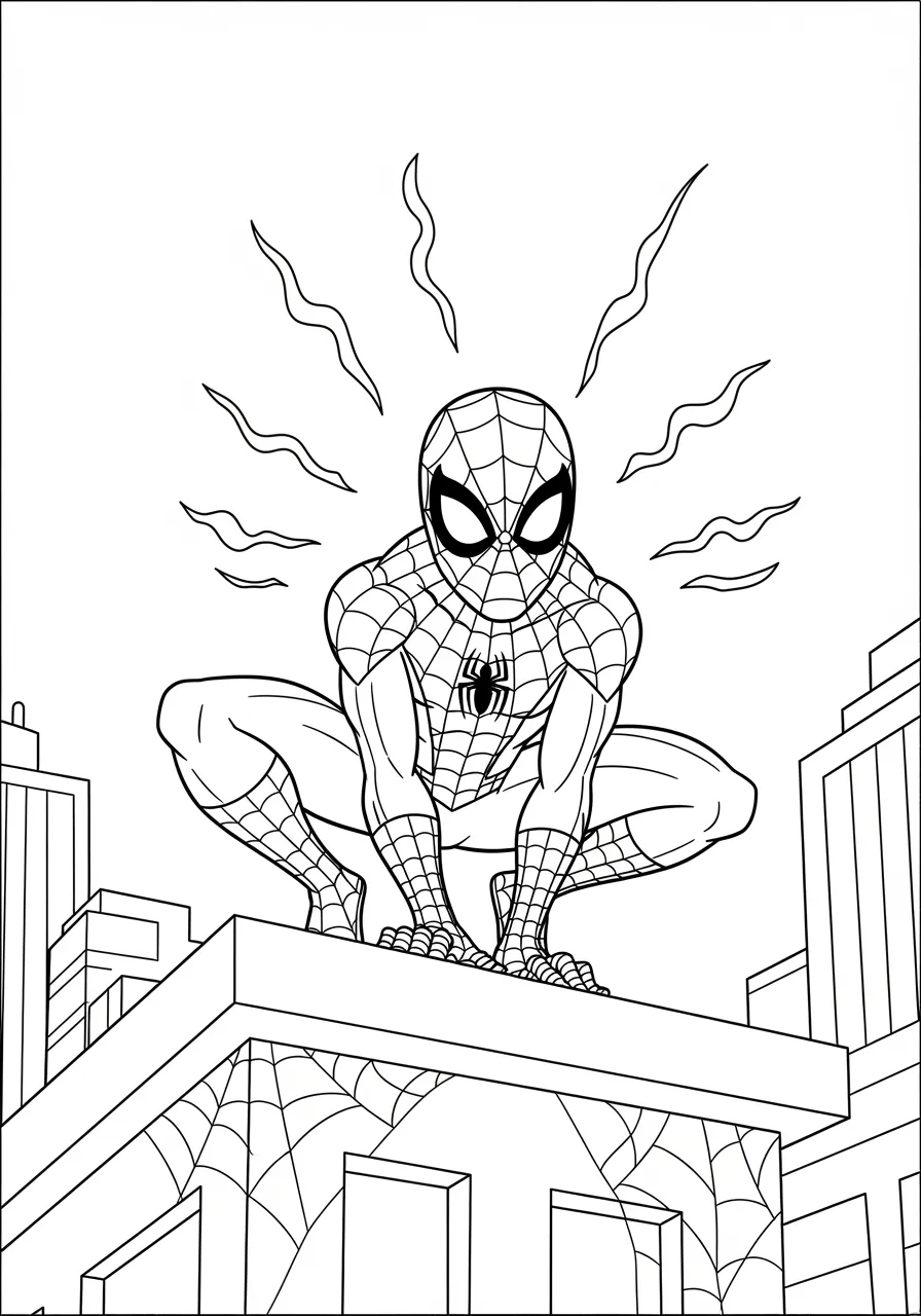 Spiderman's Spider Sense Alert Coloring Page -- prompt: "black lines only Spiderman crouched on building rooftop, spider-sense activated with bold wavy lines radiating from head, clean black outlines, simple geometric web patterns, large empty spaces for coloring, cartoon superhero pose, friendly expression, coloring book illustration style flat black lines, premium coloring page, coloring sheet, line drawing, Coloring Book, NO COLOR, NO SHADING, WHITE BACKGROUND. NO GRAY, BLACK AND WHITE, NO COLOR" -- This unique design visualizes one of Spiderman's most important superpowers - his spider-sense - through artistic wavy lines and an alert, focused pose. The concept helps children understand this invisible but crucial ability while providing an interesting coloring challenge with the sense-indicating lines. It's an excellent choice for young fans who are curious about all of Spiderman's special abilities.