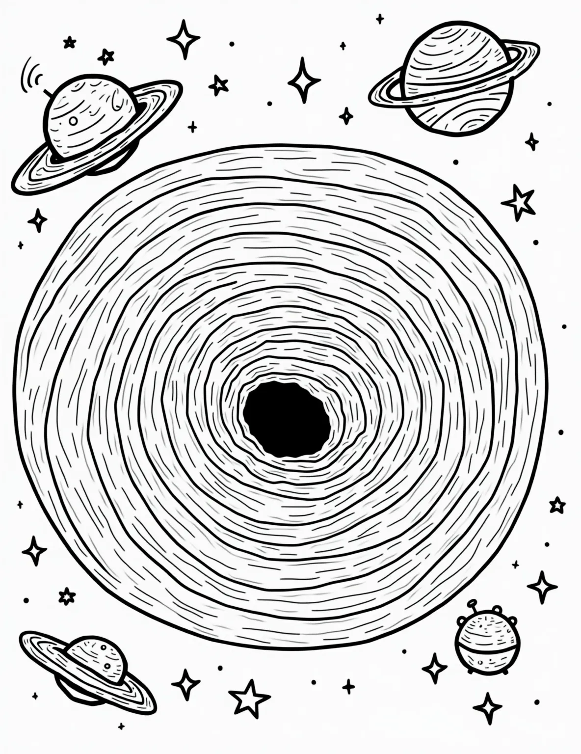 Black Hole Mystery -- prompt: "black lines only Playful black hole coloring page. Swirling accretion disk forms a spiral maze. Cartoonish stars and planets bend around gravitational pull. Simplified light rays curve dramatically. Cheerful cosmic dust particles dance. Smiling alien spaceship observes from corner. Bold outlines perfect for coloring fun. flat black lines, premium coloring page, coloring sheet, line drawing, Coloring Book, NO COLOR, NO SHADING, WHITE BACKGROUND. NO GRAY, BLACK AND WHITE, NO COLOR" -- Delve into one of the universe's greatest mysteries with this black hole coloring page. The swirling accretion disk and the dark center offer a chance to use dramatic color contrasts. It's perfect for those fascinated by the more extreme phenomena in our universe.