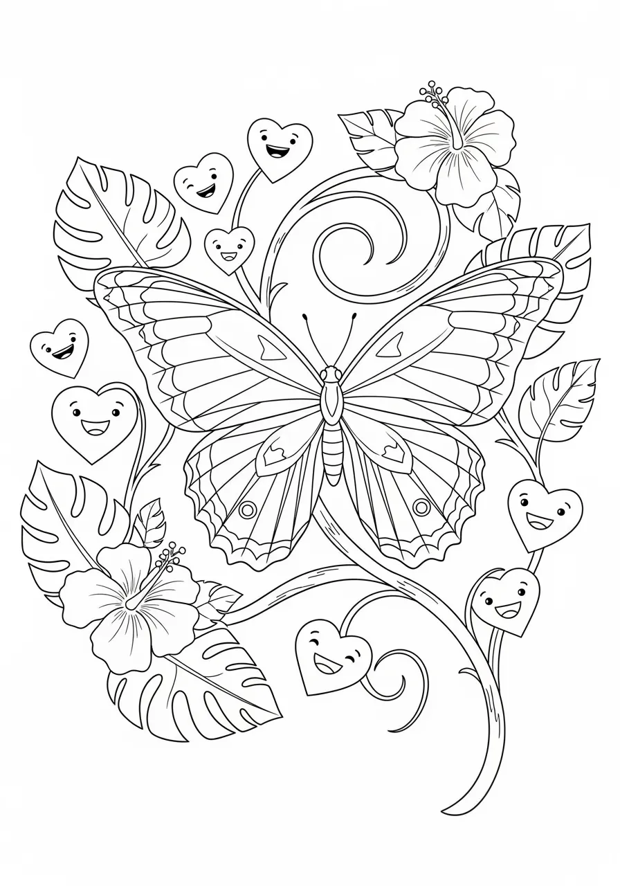 7. Blue Morpho Butterfly Rainforest Coloring Page -- prompt: "black lines only Fun coloring book style page featuring a smiling blue morpho butterfly with oversized patterned wings perched on a cheerful tropical vine, surrounded by friendly cartoon leaves, flowers, and rainforest plants with bold black outlines ready for coloring flat black lines, premium coloring page, coloring sheet, line drawing, Coloring Book, NO COLOR, NO SHADING, WHITE BACKGROUND. NO GRAY, BLACK AND WHITE, NO COLOR" -- Transport yourself to a tropical rainforest with this exotic blue morpho butterfly coloring page. The large, brilliant blue wings contrast beautifully with the lush rainforest background of leaves and tropical plants. This page offers a glimpse into the diverse world of tropical butterflies.