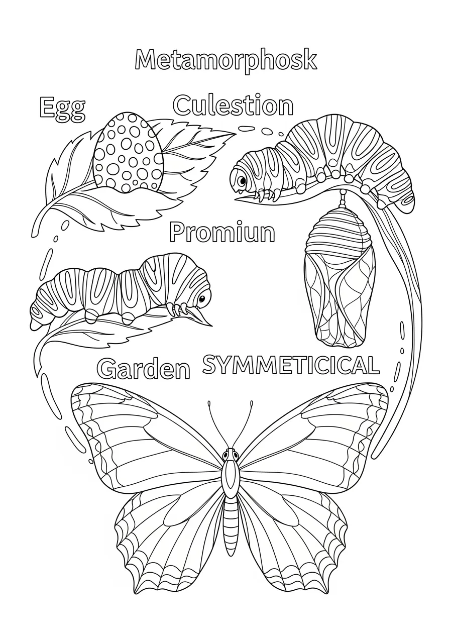 4. Butterfly Life Cycle Educational Coloring Page -- prompt: "black lines only Fun coloring book page featuring butterfly metamorphosis stages arranged in perfect circle: tiny spotted egg on leaf, chunky striped caterpillar munching, hanging jade chrysalis, magnificent butterfly with patterned wings, bold black outlines, educational labels, cheerful garden background flat black lines, premium coloring page, coloring sheet, line drawing, Coloring Book, NO COLOR, NO SHADING, WHITE BACKGROUND. NO GRAY, BLACK AND WHITE, NO COLOR" -- Learn about metamorphosis with this educational coloring page showing the complete butterfly life cycle. From egg to caterpillar to chrysalis to beautiful butterfly, each stage is clearly illustrated. This page combines fun coloring with valuable scientific learning about butterfly development.