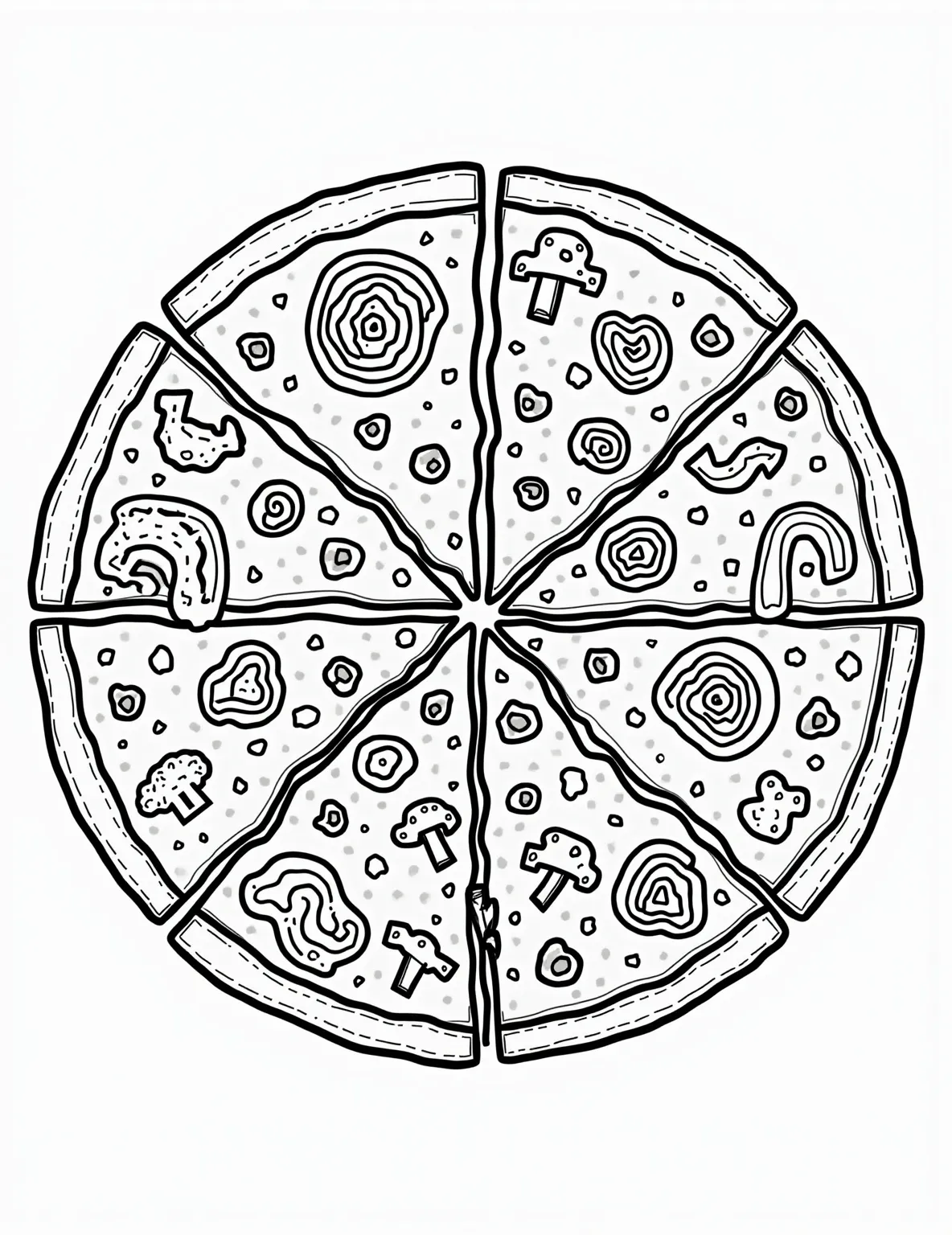 Pizza Topping Paradise Coloring Page -- prompt: "black lines only Circular pizza canvas awaits artistic flair. Pepperoni polka dots, mushroom mazes, and bell pepper rainbows encircle the blank crust. Cheese shreds form fluffy clouds, while olives create starry nights. Playful doodles of pizza-loving characters peek from corners, inviting colorful culinary creativity. flat black lines, premium coloring page, coloring sheet, line drawing, Coloring Book, NO COLOR, NO SHADING, WHITE BACKGROUND. NO GRAY, BLACK AND WHITE, NO COLOR" -- Create your dream pizza with our Pizza Topping Paradise coloring page! This fun and interactive scene features a large pizza crust surrounded by an array of toppings waiting to be added. It's a great way to spark creativity and discussion about favorite pizza combinations.