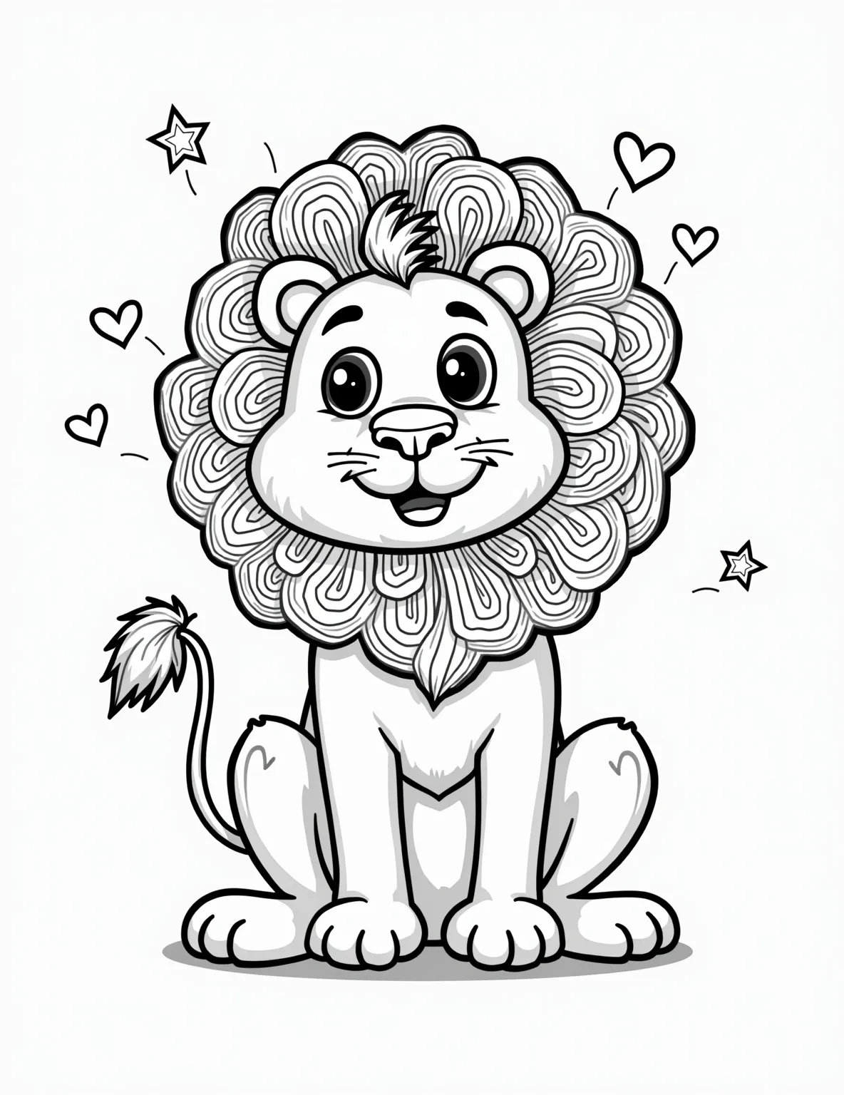 Cartoon Lion with a Silly Mane -- prompt: "black lines only Playful cartoon lion with exaggerated, swirling mane resembling cotton candy. Wide-eyed expression, toothy grin. Bold, thick outlines perfect for coloring. Simplified shapes, rounded edges. Mane filled with spirals, stars, hearts. Paws comically oversized. Tail curled into a loop. Cheerful, inviting design. flat black lines, premium coloring page, coloring sheet, line drawing, Coloring Book, NO COLOR, NO SHADING, WHITE BACKGROUND. NO GRAY, BLACK AND WHITE, NO COLOR" -- This whimsical coloring page features a cartoon lion with an outrageously poofy mane. The lion's goofy expression and oversized mane make for a fun and lighthearted coloring experience. Perfect for younger children or those who enjoy a more playful style.