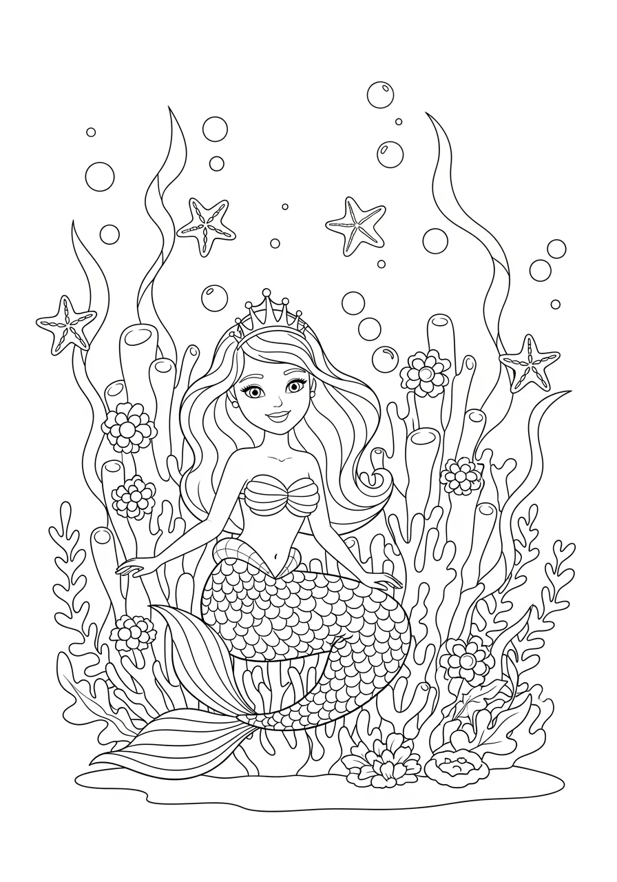 Mermaid's Magical Pearl Garden Coloring Page -- prompt: "black lines only Smiling mermaid with flowing hair sits among oversized coral branches, each topped with blooming pearl flowers. Bold black outlines define seaweed ribbons, starfish companions, and bubble trails. Simple shapes perfect for children's coloring books. flat black lines, premium coloring page, coloring sheet, line drawing, Coloring Book, NO COLOR, NO SHADING, WHITE BACKGROUND. NO GRAY, BLACK AND WHITE, NO COLOR" -- In this mystical scene, a mermaid tends to her underwater garden where pearls grow like flowers on coral stems. The unique concept blends gardening with ocean magic, creating an imaginative coloring experience. Swirling water patterns and delicate coral details add artistic complexity.