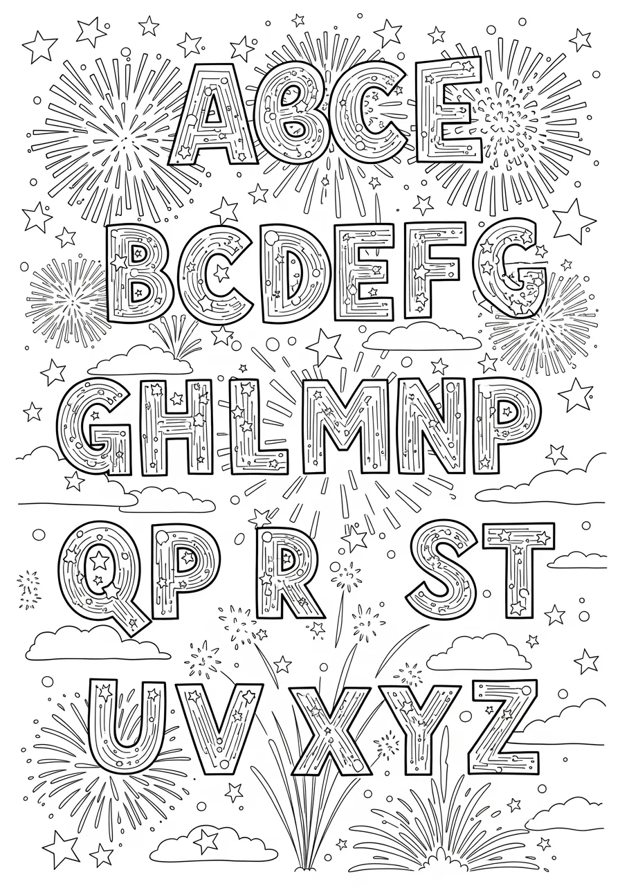 Festive Fireworks Alphabet Celebration Coloring Page -- prompt: "black lines only Fun coloring book page featuring bold outlined fireworks bursting across night sky, forming complete alphabet A through Z with thick black lines, scattered stars, radiating sparkles, and celebratory explosion patterns perfect for crayons and markers flat black lines, premium coloring page, coloring sheet, line drawing, Coloring Book, NO COLOR, NO SHADING, WHITE BACKGROUND. NO GRAY, BLACK AND WHITE, NO COLOR" -- Light up the night sky with this spectacular coloring page where colorful fireworks burst into alphabet letter formations! Each explosive display creates a different letter against the dark sky, with sparkles and stars adding magical details. This celebratory page combines the excitement of holidays and special occasions with letter learning, making it perfect for kids who love parties and bright, colorful displays.