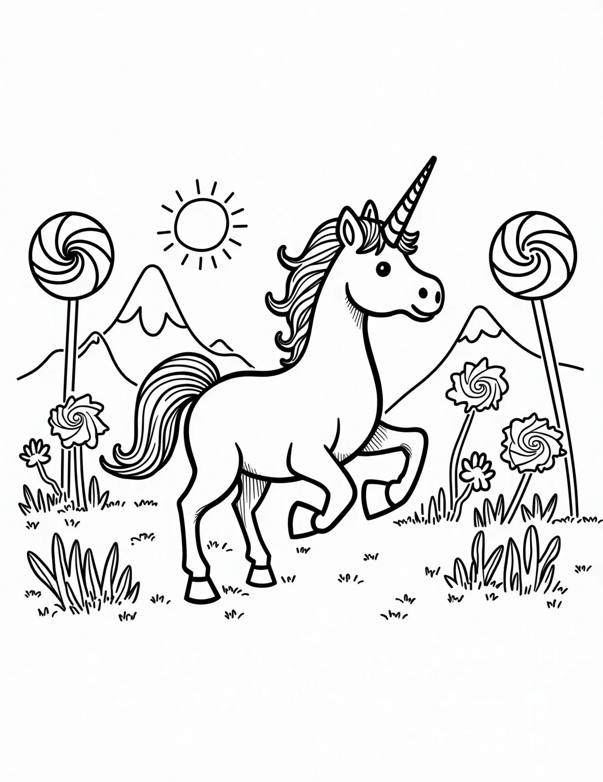 Unicorn's Candyland Adventure -- prompt: "black lines only Magical unicorn prances through a coloring book wonderland. Oversized lollipops spiral skyward, gumdrops dot rolling hills, candy canes form arching rainbows. Bold outlines define each shape, inviting colorful imagination. Swirling mane and tail await vibrant hues. Joyful scene radiates childlike wonder, flat black lines, premium coloring page, coloring sheet, line drawing, Coloring Book, NO COLOR, NO SHADING, WHITE BACKGROUND. NO GRAY, BLACK AND WHITE, NO COLOR" -- This sweet coloring page shows a unicorn exploring a world made of candy. Simple shapes represent lollipops, gumdrops, and candy canes. Toddlers will enjoy adding a rainbow of colors to this sugary, magical landscape.