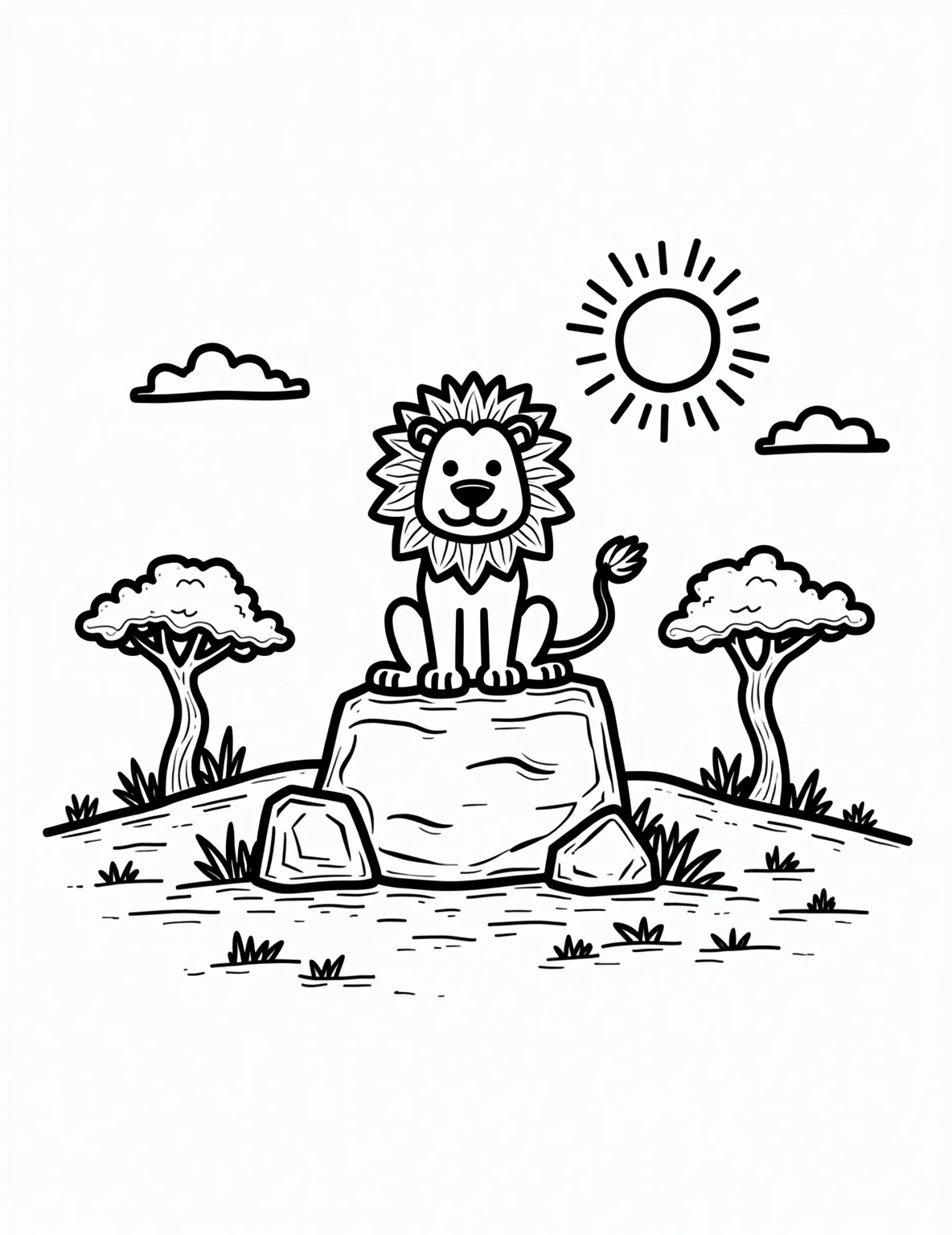 Majestic Lion's Savanna Sunrise -- prompt: "black lines only Playful black-and-white outline of a regal lion perched atop a chunky rock. Simplified savanna landscape with bold acacia tree silhouettes. Rising sun peeking over horizon, its rays forming thick, wavy lines. Empty spaces invite creative coloring. Cheerful safari scene awaits vibrant hues. flat black lines, premium coloring page, coloring sheet, line drawing, Coloring Book, NO COLOR, NO SHADING, WHITE BACKGROUND. NO GRAY, BLACK AND WHITE, NO COLOR" -- Bring the king of the jungle to life with this stunning lion coloring page. A regal lion is perched on a rock, overlooking the savanna as the sun rises. This detailed page is perfect for adults or older children who enjoy creating realistic animal portraits.