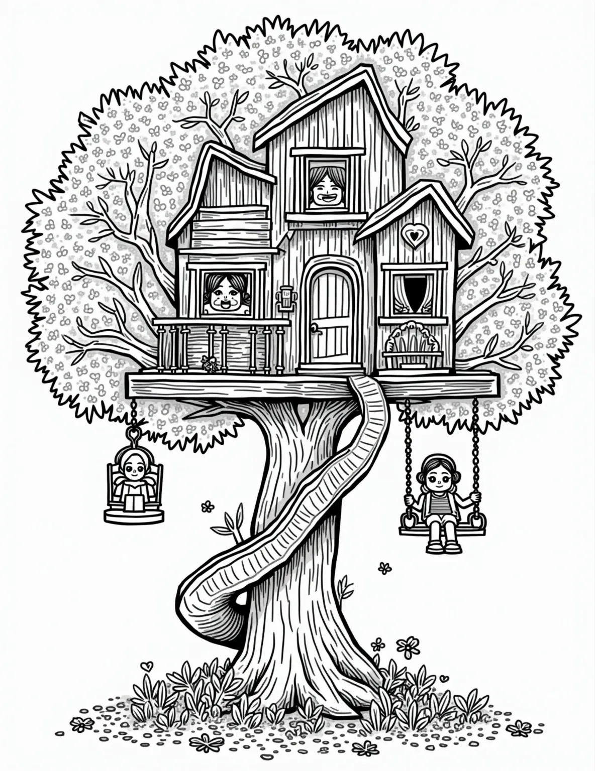 Lego Friends Treehouse Coloring Page -- prompt: "black lines only Lego Friends treehouse coloring page with bold outlines. Swirling branches, heart-shaped windows, and spiral staircases. Cheerful characters peeking from balconies. Flowery vines, rope swings, and a slide. Hidden animals and magical elements throughout. Playful accessories scattered in flat black lines, premium coloring page, coloring sheet, line drawing, Coloring Book, NO COLOR, NO SHADING, WHITE BACKGROUND. NO GRAY, BLACK AND WHITE, NO COLOR" -- Enter the world of Lego Friends with this delightful treehouse coloring page. This detailed scene features a charming Lego-style treehouse complete with ladders, windows, and fun accessories. It's a perfect coloring activity for those who love nature and imaginative play.