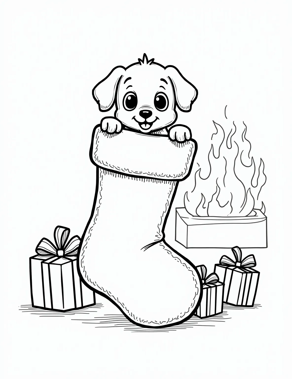 Puppy's First Christmas Coloring Page -- prompt: "black lines only Adorable puppy's head popping out of oversized Christmas stocking, big eyes and floppy ears. Fireplace with stocky flames, presents with bows. Simple outlines, thick borders. Large empty spaces for coloring. Cheerful scene with basic shapes, perfect for children's coloring book page. flat black lines, premium coloring page, coloring sheet, line drawing, Coloring Book, NO COLOR, NO SHADING, WHITE BACKGROUND. NO GRAY, BLACK AND WHITE, NO COLOR" -- Celebrate the holiday season with this festive puppy coloring page! A wide-eyed puppy peeks out from a Christmas stocking hung by the fireplace. Surrounded by twinkling lights, ornaments, and a small pile of presents, this scene captures the magic of a puppy's first Christmas.