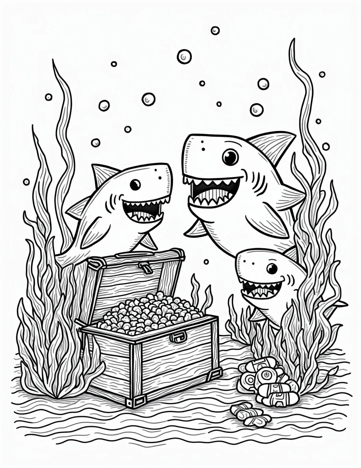 Shark Tooth Treasure Hunt -- prompt: "black lines only Playful underwater coloring page: Smiling cartoon sharks swim around oversized, comically-shaped teeth scattered on a wavy ocean floor. A treasure chest bursts with exaggerated gems and coins. Seaweed, bubbles, and friendly fish create a lively, engaging scene for young artists to color. flat black lines, premium coloring page, coloring sheet, line drawing, Coloring Book, NO COLOR, NO SHADING, WHITE BACKGROUND. NO GRAY, BLACK AND WHITE, NO COLOR" -- Embark on an underwater treasure hunt with this shark tooth-themed coloring page. The scene features various shark teeth scattered on the ocean floor, waiting to be discovered. It's a fun way to learn about different shark species through their distinct tooth shapes.