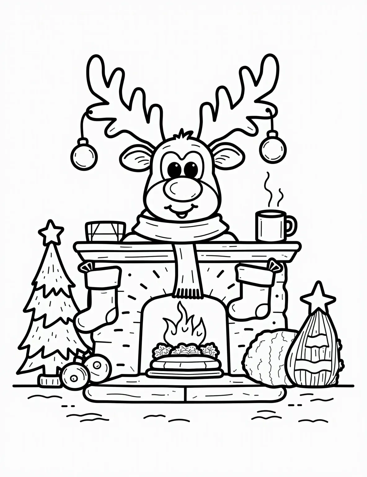 Rudolph's Cozy Christmas Eve -- prompt: "black lines only Rudolph's iconic red nose illuminates a cozy fireplace scene. Bold outlines define his antlers, scarf, and steaming cocoa mug. Chunky Christmas ornaments, stockings, and a decorated tree surround him. Simple, clean lines perfect for coloring enthusiasts. Festive cheer radiates from flat black lines, premium coloring page, coloring sheet, line drawing, Coloring Book, NO COLOR, NO SHADING, WHITE BACKGROUND. NO GRAY, BLACK AND WHITE, NO COLOR" -- This adorable scene depicts Rudolph relaxing by a fireplace on Christmas Eve. He's wearing a festive scarf and enjoying a mug of hot cocoa. The room is decorated with stockings and a Christmas tree, creating a warm and inviting atmosphere. It's perfect for those who love cozy holiday scenes.