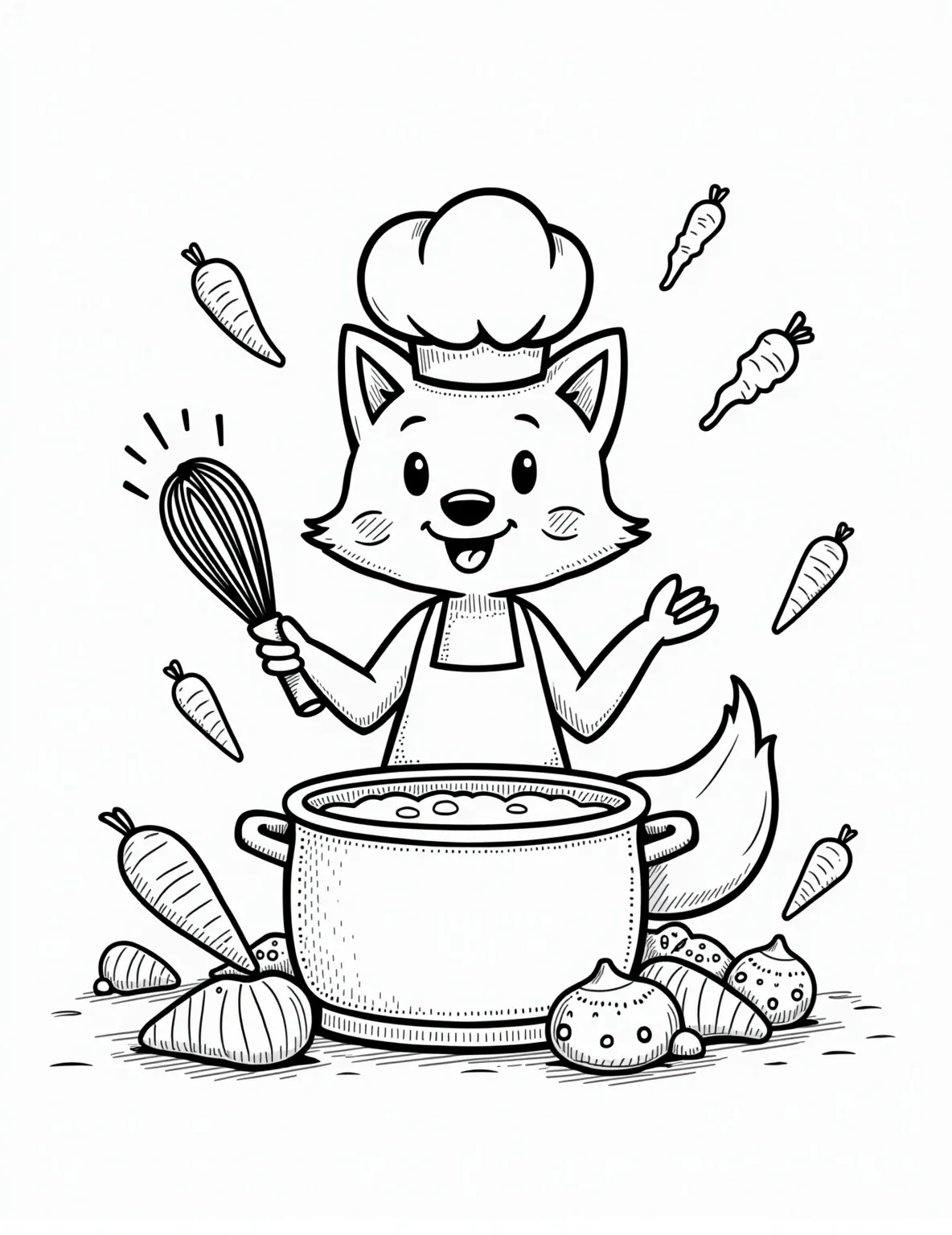 Fox Chef in the Kitchen -- prompt: "black lines only Playful fox chef with oversized hat, whisking in comically large pot. Kitchen bustles with floating wooden spoons, smiling vegetables, and dancing salt shakers. Bold outlines, simple shapes, and empty spaces await colorful imagination. Joyful scene radiates warmth and culinary adventure. flat black lines, premium coloring page, coloring sheet, line drawing, Coloring Book, NO COLOR, NO SHADING, WHITE BACKGROUND. NO GRAY, BLACK AND WHITE, NO COLOR" -- This whimsical coloring page features a fox as a chef in a busy kitchen. Wearing a chef's hat and apron, the fox is stirring a pot while various cooking utensils and ingredients float around. It's a fun way to combine animals with human activities.