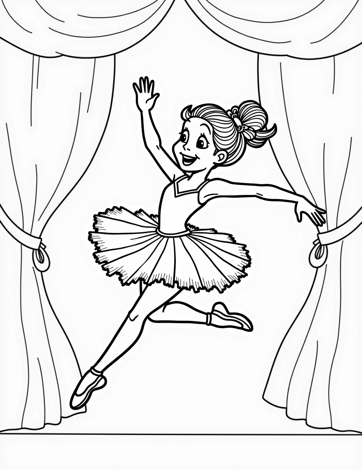 Graceful Ballerina in Grand Jeté Coloring Page -- prompt: "black lines only Ballerina mid-grand jeté, graceful lines perfect for coloring. Stage backdrop with simple curtain outline. Tutu petals, ribbons, and tiara await creative hues. Hair in bun, face serene. Arms elegantly extended, toes pointed. Spotlight circle beneath her feet. flat black lines, premium coloring page, coloring sheet, line drawing, Coloring Book, NO COLOR, NO SHADING, WHITE BACKGROUND. NO GRAY, BLACK AND WHITE, NO COLOR" -- This stunning coloring page captures a ballerina in mid-leap, performing the majestic grand jeté. Her arms are elegantly extended, and her tutu seems to float in the air, creating a sense of motion and grace. The background hints at a grand theater stage, adding depth and context to the scene.