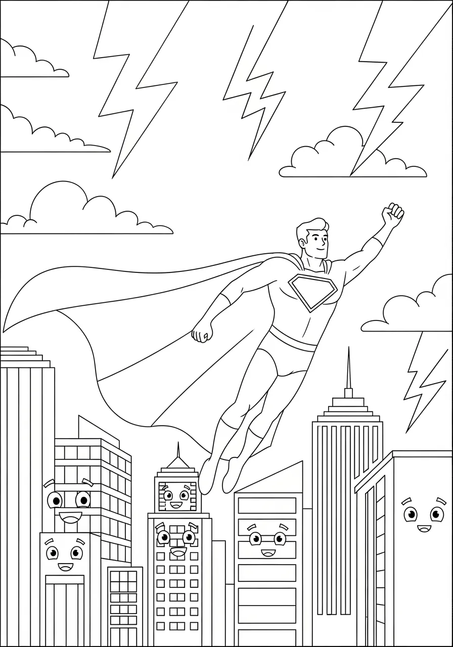 Lightning Speed Hero Racing Through the City Coloring Page -- prompt: "black lines only Fun coloring book page featuring cheerful superhero with flowing cape racing through cartoon cityscape, bold zigzag lightning trails streaming behind, simple black outlines, smiling buildings with windows, puffy clouds above, child-friendly design flat black lines, premium coloring page, coloring sheet, line drawing, Coloring Book, NO COLOR, NO SHADING, WHITE BACKGROUND. NO GRAY, BLACK AND WHITE, NO COLOR" -- This dynamic coloring page features a superhero in full sprint, racing through a bustling cityscape with lightning bolts trailing behind. The hero's cape flows dramatically in the wind while skyscrapers and city buildings create an exciting urban backdrop. Perfect for kids who love action-packed scenes and want to experiment with bright, energetic colors.