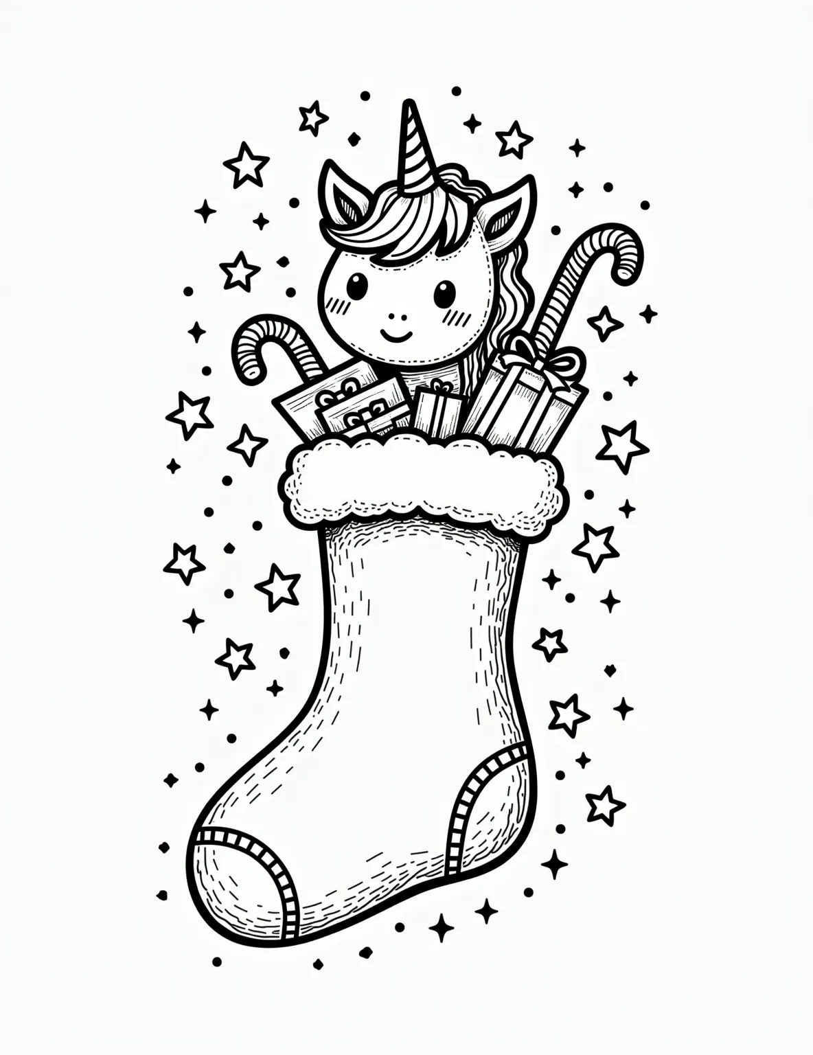 Unicorn Magic Stocking Coloring Page -- prompt: "black lines only Playful Christmas stocking outline featuring a smiling unicorn head, mane flowing into rainbow stripes. Fluffy clouds and twinkling stars scatter the design. Bold, simple shapes perfect for coloring. Candy canes and presents peek from stocking's opening. Festive swirls and patterns adorn flat black lines, premium coloring page, coloring sheet, line drawing, Coloring Book, NO COLOR, NO SHADING, WHITE BACKGROUND. NO GRAY, BLACK AND WHITE, NO COLOR" -- This enchanting coloring page displays a stocking designed with unicorn magic. The stocking features a unicorn's head with a flowing mane and spiral horn at the top. Rainbows, stars, and clouds decorate the body of the stocking.