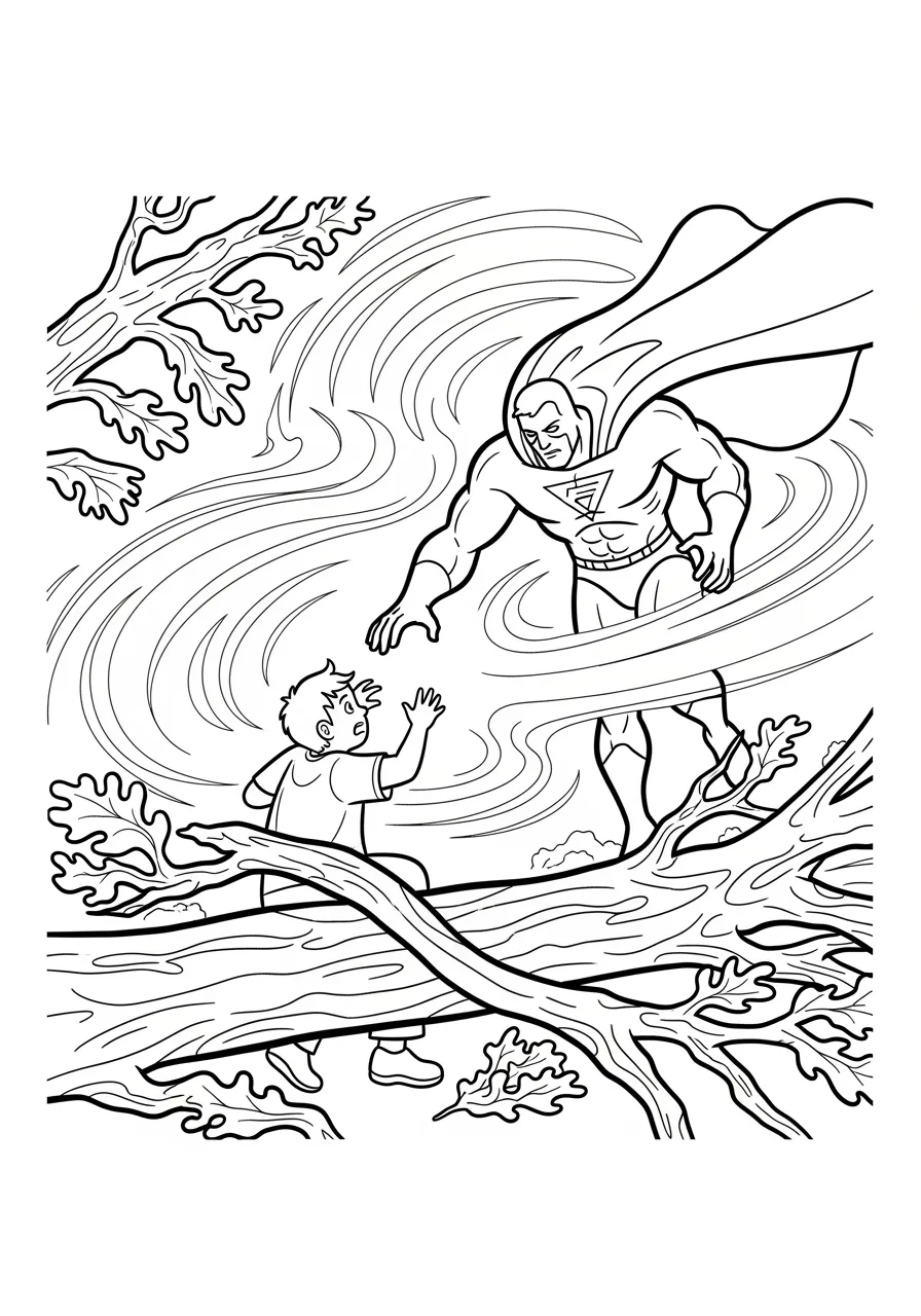 Invisible Hero Becoming Visible Mid-Action Coloring Page -- prompt: "black lines only Fun coloring book page featuring bold superhero materializing from invisibility, sparkly shimmer lines radiating around muscular figure, cape flowing dramatically, reaching toward grateful child trapped beneath fallen tree branches, thick black outlines, simple geometric shapes flat black lines, premium coloring page, coloring sheet, line drawing, Coloring Book, NO COLOR, NO SHADING, WHITE BACKGROUND. NO GRAY, BLACK AND WHITE, NO COLOR" -- Capture the magical moment when an invisible superhero gradually becomes visible while performing an amazing rescue. The hero's outline appears with shimmering effects as they reach out to help someone in danger. This unique coloring challenge lets artists play with transparency effects and creative shading techniques.