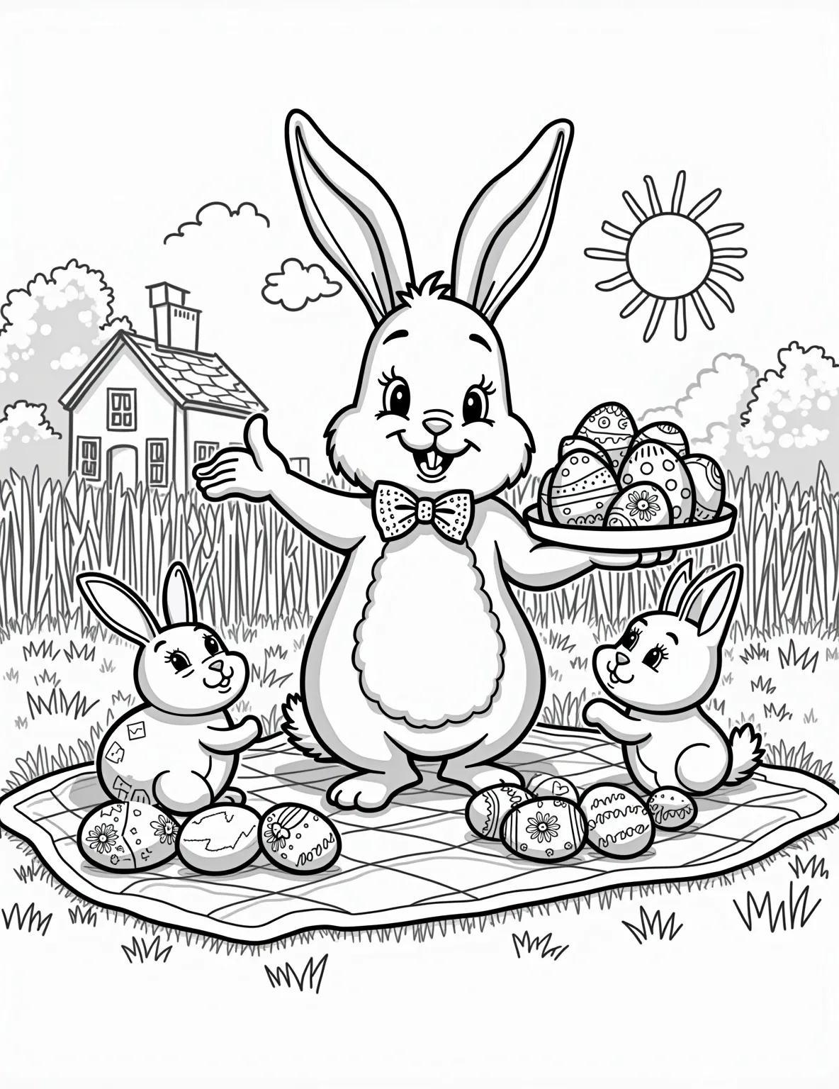 Easter Bunny's Garden Party -- prompt: "black lines only Cheerful Easter Bunny hosts garden soiree, offering egg-filled tray. Woodland creatures gather around picnic blanket. Cottage backdrop with decorated fence. Bold outlines, simple shapes. Floral patterns on eggs, bunny's bowtie. Smiling sun, puffy clouds. Empty spaces for coloring. flat black lines, premium coloring page, coloring sheet, line drawing, Coloring Book, NO COLOR, NO SHADING, WHITE BACKGROUND. NO GRAY, BLACK AND WHITE, NO COLOR" -- This charming scene features a dapper Easter Bunny hosting a delightful garden party. Surrounded by blooming spring flowers, the bunny is offering a tray of colorful Easter eggs to his forest friends. The background includes a quaint cottage and a picket fence adorned with Easter decorations, creating a whimsical and inviting atmosphere.