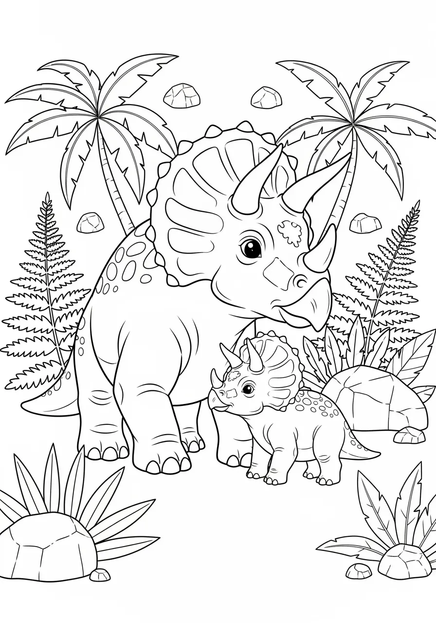 Armored Triceratops Defending Her Young Coloring Page -- prompt: "black lines only A cheerful mama Triceratops with bold black outlines stands protectively over her small baby, featuring prominent three horns and decorative armor plates, surrounded by simple prehistoric plants and rocks in a fun coloring book style coloring page flat black lines, premium coloring page, coloring sheet, line drawing, Coloring Book, NO COLOR, NO SHADING, WHITE BACKGROUND. NO GRAY, BLACK AND WHITE, NO COLOR" -- This dramatic scene shows a protective mother Triceratops standing guard over her baby, displaying her impressive three-horned face shield. The detailed armor plating and defensive posture make this coloring page both educational and exciting. Young artists will love adding color to this powerful display of maternal instinct in the dinosaur world.