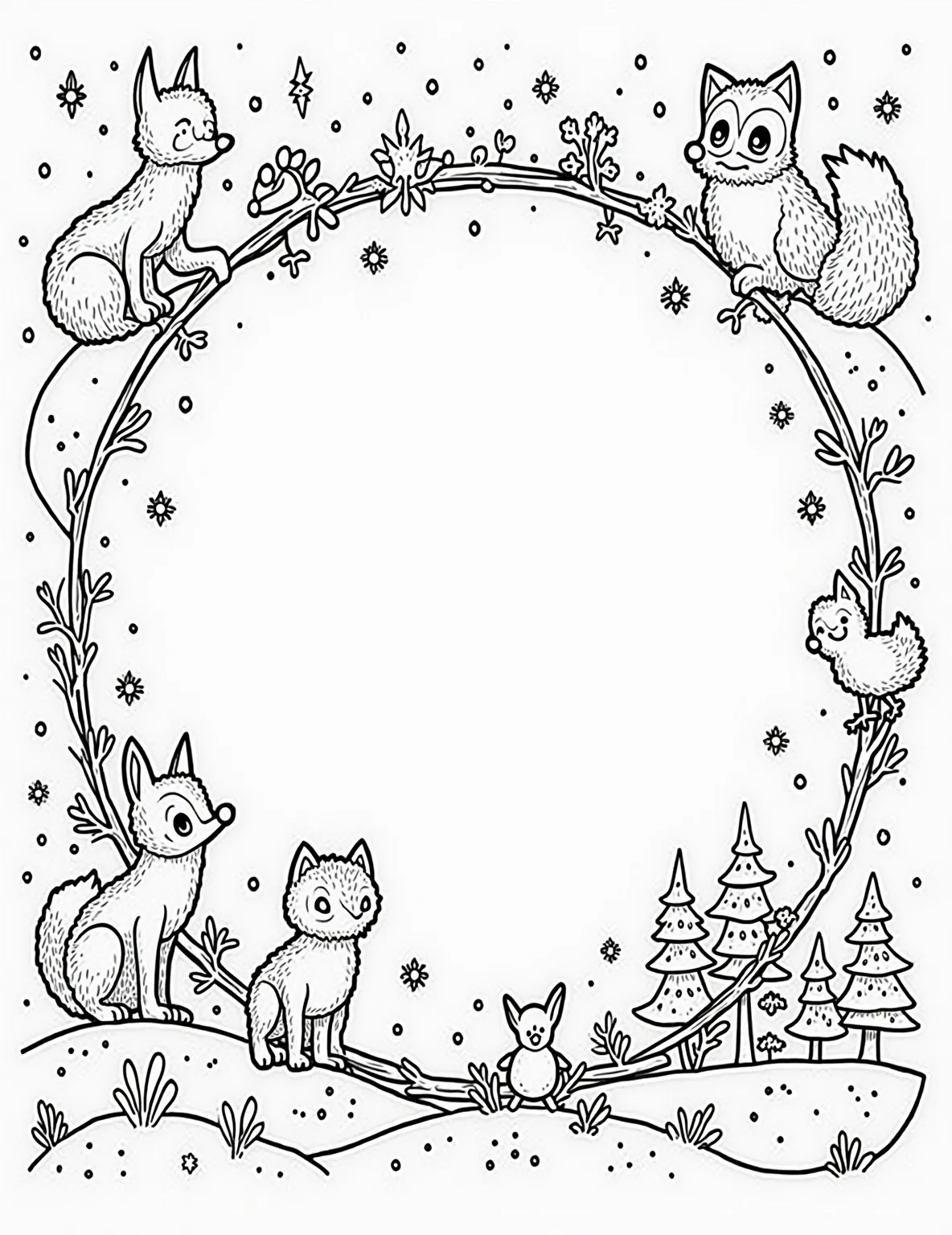 Winter Wildlife Snowflake Scenes -- prompt: "black lines only Playful circular snowflake frames, each housing a charming winter animal scene. Bold outlines perfect for coloring. Foxes, owls, and rabbits frolic in snowy landscapes. Arranged artfully across the page, these delightful vignettes invite creativity. Whimsical details and simple shapes flat black lines, premium coloring page, coloring sheet, line drawing, Coloring Book, NO COLOR, NO SHADING, WHITE BACKGROUND. NO GRAY, BLACK AND WHITE, NO COLOR" -- Discover the magic of nature in winter with this charming coloring page. Delicate snowflakes frame vignettes of woodland creatures like foxes, rabbits, and deer. It's a delightful way to explore the connection between snowflakes and the winter ecosystem.