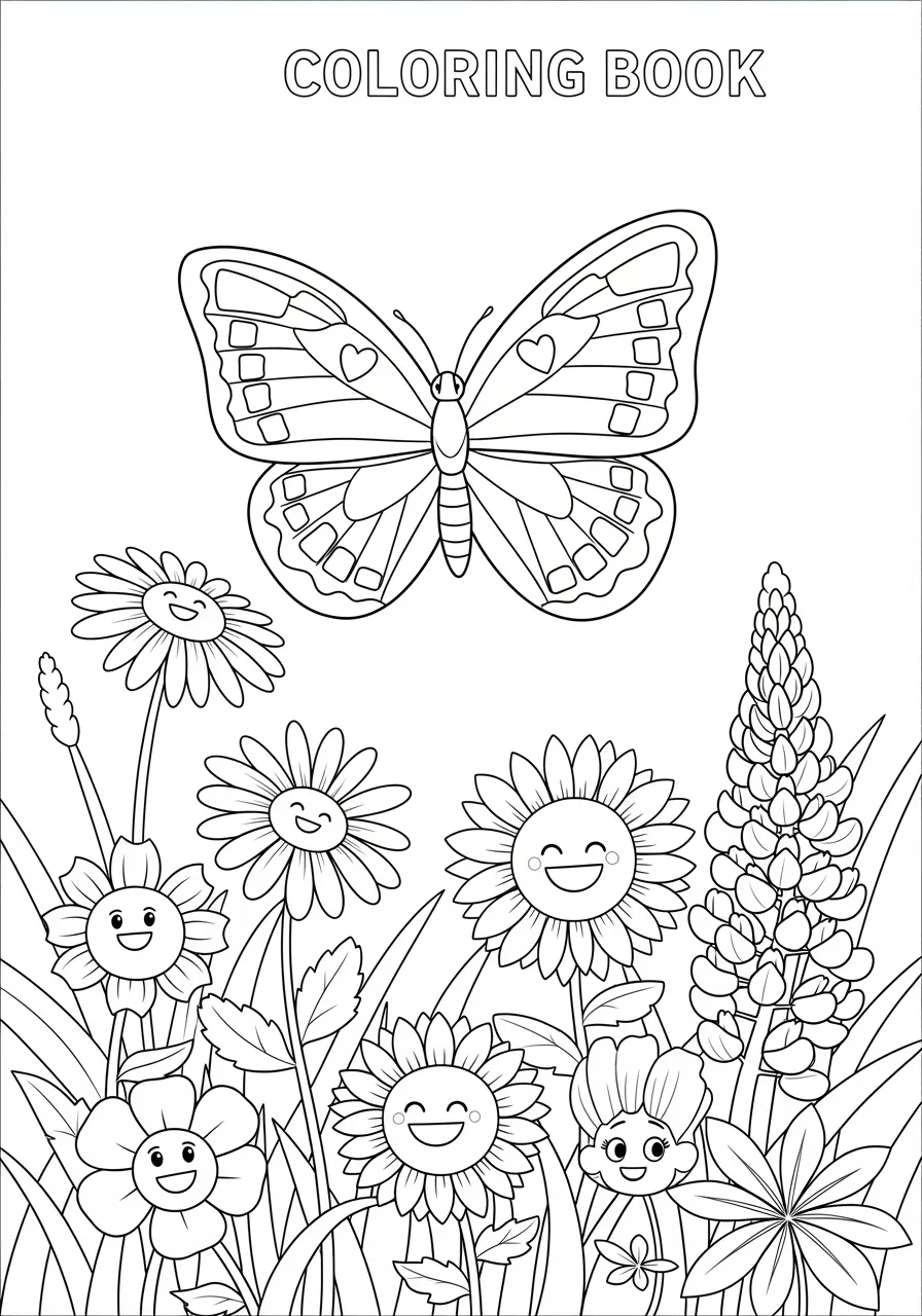 21. Copper Butterfly Wildflower Meadow Coloring Page -- prompt: "black lines only Fun coloring book page featuring cheerful copper butterfly with bold metallic wing patterns hovering above smiling wildflowers including daisies sunflowers lupines, thick black outlines, simple shapes, child-friendly design, joyful meadow scene perfect for crayons flat black lines, premium coloring page, coloring sheet, line drawing, Coloring Book, NO COLOR, NO SHADING, WHITE BACKGROUND. NO GRAY, BLACK AND WHITE, NO COLOR" -- A small but beautiful copper butterfly with metallic wing sheens visits a meadow filled with native wildflowers. The butterfly's distinctive copper coloring and delicate size make it a charming subject for detailed coloring. The wildflower meadow provides a natural, biodiverse habitat setting.