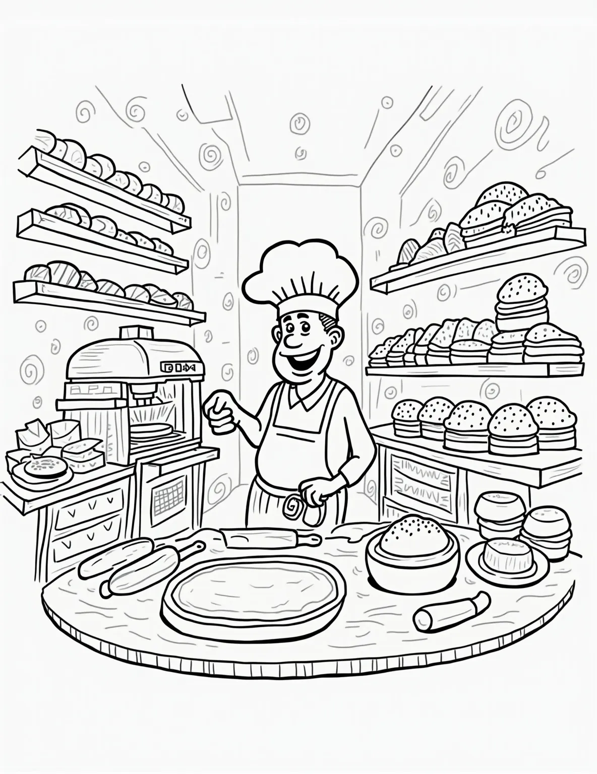 Bread Bakery Bonanza Coloring Page -- prompt: "black lines only Cheerful bakery bursting with cartoon-style bread loaves, croissants, and cupcakes. Jolly baker in puffy hat kneads dough. Oversized mixer, oven, and rolling pin populate scene. Shelves overflow with treats. Playful patterns adorn walls. Simplistic outlines perfect for coloring fun. flat black lines, premium coloring page, coloring sheet, line drawing, Coloring Book, NO COLOR, NO SHADING, WHITE BACKGROUND. NO GRAY, BLACK AND WHITE, NO COLOR" -- Rise to the occasion with our Bread Bakery Bonanza coloring page! This scene showcases a variety of breads, from crusty baguettes to fluffy rolls, all fresh from the oven. It's a carb lover's dream and a great way to learn about different types of bread while enjoying a relaxing coloring session.