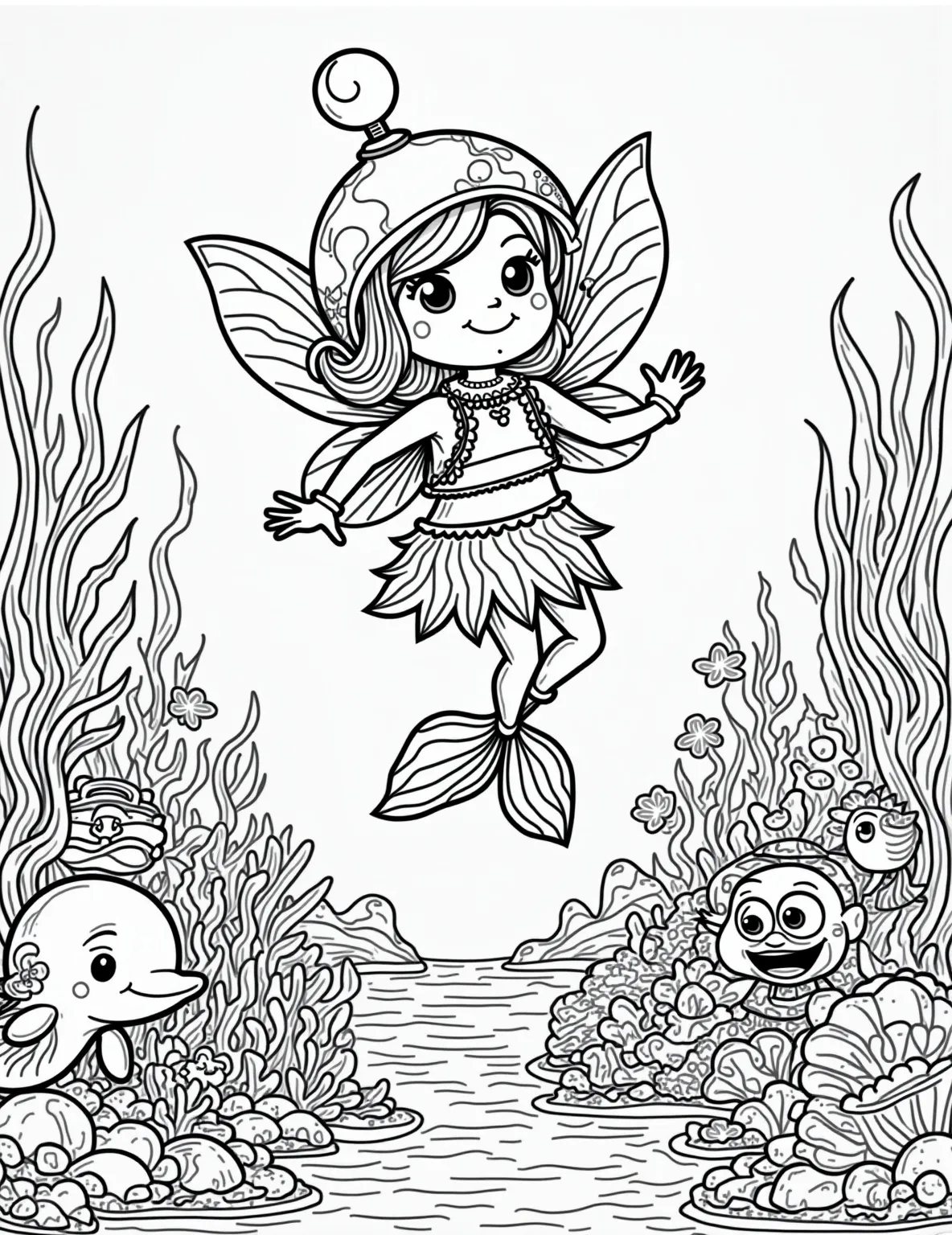 Fairy Underwater Explorer Coloring Page -- prompt: "black lines only Whimsical fairy with bubble helmet, seaweed fins, exploring vibrant underwater world. Bold outlines frame coral formations, playful fish, and hidden treasures. Simple shapes and patterns perfect for coloring. Cheerful scene invites creativity, bringing oceanic magic to life through coloring book artistry. flat black lines, premium coloring page, coloring sheet, line drawing, Coloring Book, NO COLOR, NO SHADING, WHITE BACKGROUND. NO GRAY, BLACK AND WHITE, NO COLOR" -- Dive deep with this unique fairy underwater explorer coloring page. Our adventurous fairy, equipped with a bubble helmet and seaweed fins, investigates the wonders of an underwater world. This page offers a fresh perspective on fairy activities and habitats.