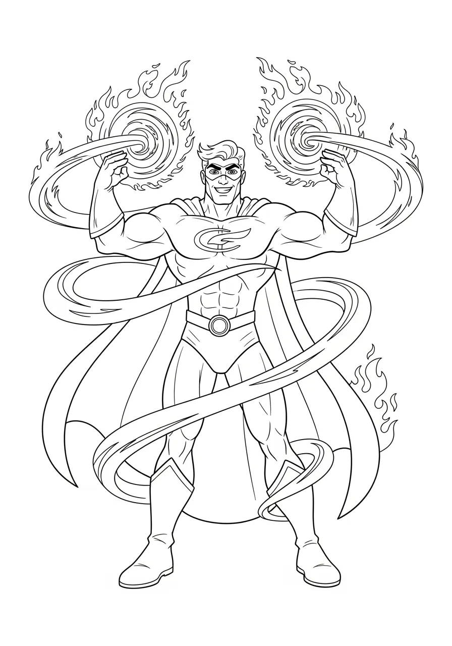 Fire-Powered Hero Creating Flame Spirals Coloring Page -- prompt: "black lines only Bold black line art superhero standing confidently with arms extended, creating magnificent spiral flames shooting from both palms, swirling fire ribbons dancing around muscular figure, perfect for coloring book page flat black lines, premium coloring page, coloring sheet, line drawing, Coloring Book, NO COLOR, NO SHADING, WHITE BACKGROUND. NO GRAY, BLACK AND WHITE, NO COLOR" -- This exciting page shows a superhero generating swirling flames from their hands, creating beautiful spiral patterns of fire. The hero stands confidently while controlling the powerful flames that dance and twist around them. Flame details provide excellent opportunities for experimenting with warm colors like reds, oranges, and yellows.