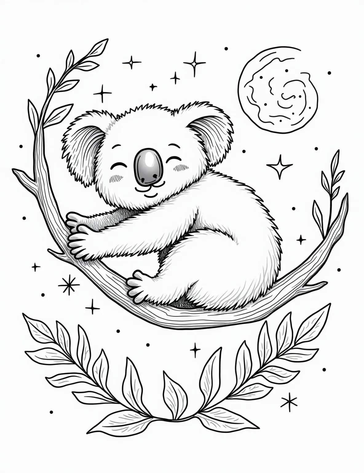 Sleepy Koala's Eucalyptus Dream Coloring Page -- prompt: "black lines only Adorable cartoon koala snoozing on curvy eucalyptus branch. Chunky outlines perfect for coloring. Stylized leaves and blossoms frame the scene. Dreamy swirls and stars float around. Background features simple patterns. Cute expression on koala's face. Bold, clean lines throughout. flat black lines, premium coloring page, coloring sheet, line drawing, Coloring Book, NO COLOR, NO SHADING, WHITE BACKGROUND. NO GRAY, BLACK AND WHITE, NO COLOR" -- Embrace the tranquility of nature with this charming koala coloring page. The sleepy koala is nestled in the branches of a eucalyptus tree, surrounded by soft leaves and delicate flowers. This relaxing scene is ideal for adults looking for a calming coloring experience.