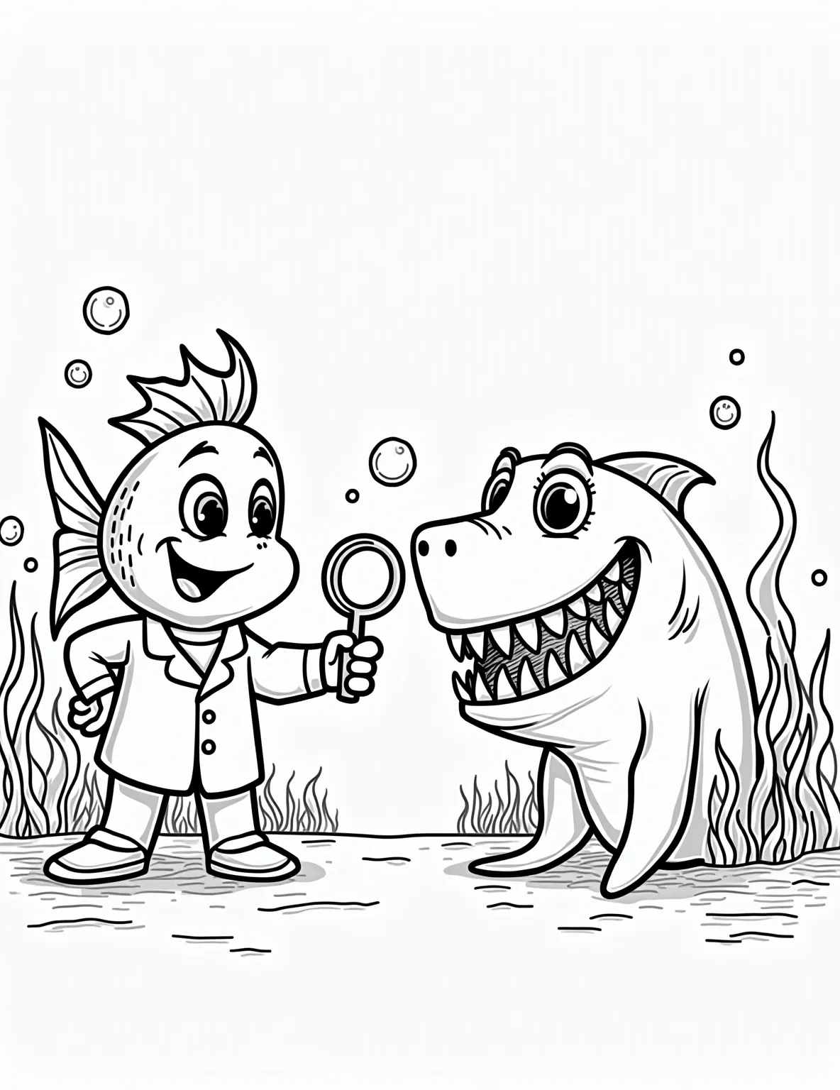 Shark Dentist Check-up -- prompt: "black lines only Adorable cartoon fish in oversized white coat, wielding tiny dental tools, examines exaggerated shark teeth. Shark's comically wide mouth reveals rows of jagged teeth. Bold outlines, simple shapes, large empty spaces for coloring. Bubbles and seaweed frame the scene. Playful underwater dentist office, perfect for flat black lines, premium coloring page, coloring sheet, line drawing, Coloring Book, NO COLOR, NO SHADING, WHITE BACKGROUND. NO GRAY, BLACK AND WHITE, NO COLOR" -- Bring a smile to your face with this humorous shark dentist check-up coloring page. The scene shows a brave fish dentist examining a shark's impressive set of teeth. It's a playful and educational page that's sure to entertain while coloring.