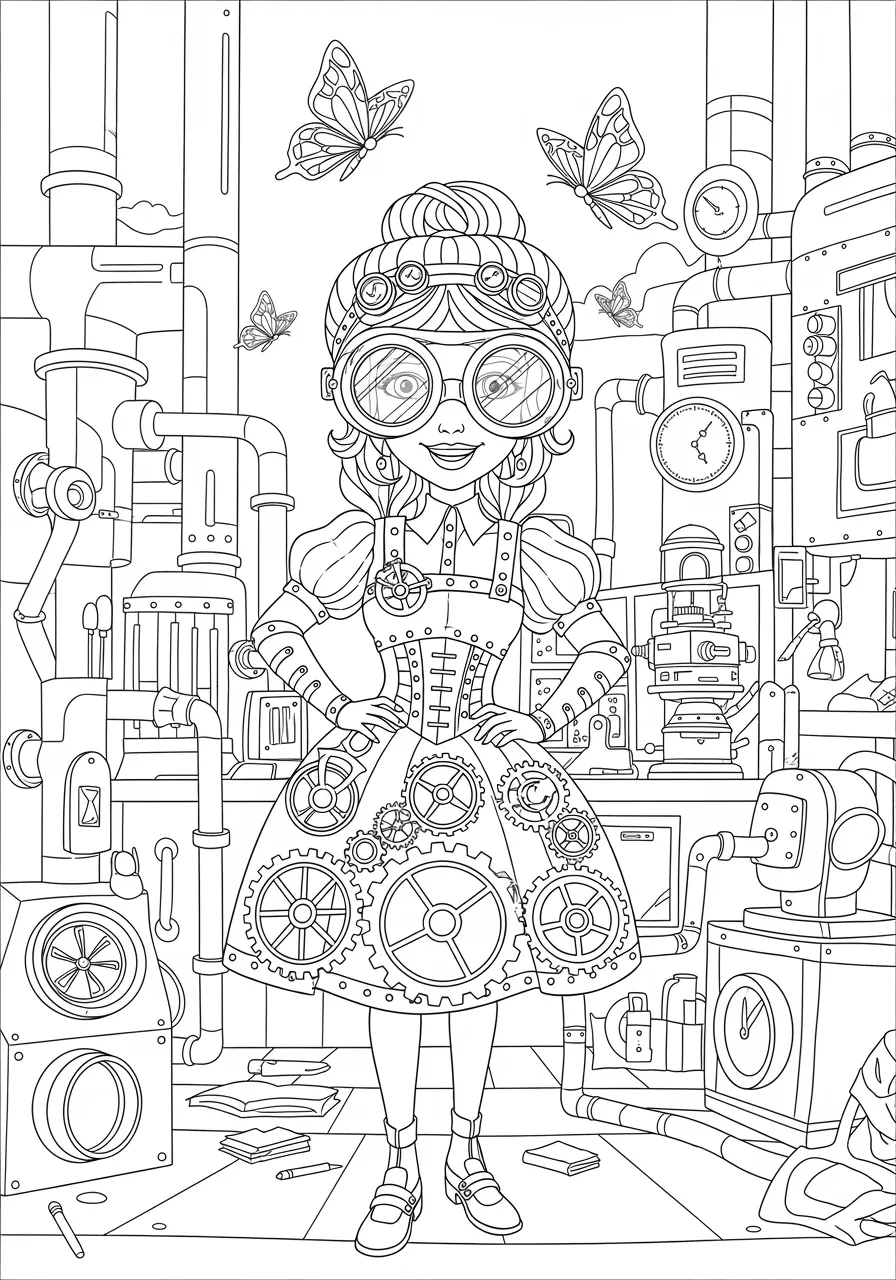 Steampunk Princess Workshop Coloring Page -- prompt: "black lines only Fun coloring book style steampunk princess wearing oversized goggles and mechanical dress with gears, standing in workshop surrounded by steam pipes, clockwork inventions, flying mechanical butterflies, cheerful expression, bold black outlines, simple shapes perfect for coloring flat black lines, premium coloring page, coloring sheet, line drawing, Coloring Book, NO COLOR, NO SHADING, WHITE BACKGROUND. NO GRAY, BLACK AND WHITE, NO COLOR" -- Step into an alternate world with this creative steampunk princess working in her mechanical workshop filled with gears, gadgets, and inventions. Her outfit combines royal elegance with practical goggles and tool belts, creating a unique fusion of fantasy and technology. This complex design appeals to adult colorists who enjoy intricate mechanical details and Victorian-inspired aesthetics.