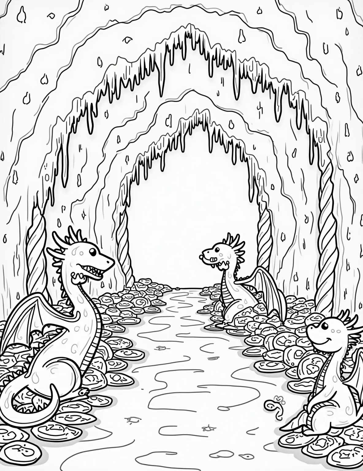 Gingerbread Dragons' Lair -- prompt: "black lines only Coloring page of gingerbread cave dragon's lair. Bold outlines showcase frosted stalactites, gumdrop stalagmites. Playful gingerbread dragons guard peppermint coin piles, lollipop gems. Candy cane pillars support cookie walls. Licorice vines frame scene. Fun, fantastical design for all ages. flat black lines, premium coloring page, coloring sheet, line drawing, Coloring Book, NO COLOR, NO SHADING, WHITE BACKGROUND. NO GRAY, BLACK AND WHITE, NO COLOR" -- Fire up your imagination with this fantastical gingerbread dragons' lair coloring page. The cave-like structure is formed from roughly-shaped cookies, with candy gem clusters and golden syrup streams. Cute gingerbread dragons guard their cookie treasure hoard, their scales detailed with icing patterns.