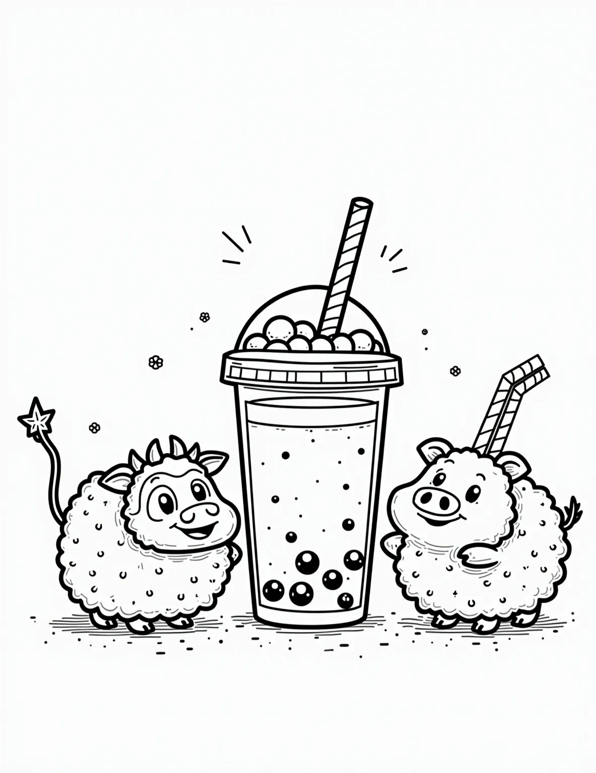 Kawaii Boba Tea Petting Zoo -- prompt: "black lines only Charming coloring page featuring boba tea farm animals: milk tea cow, tapioca pearl sheep, and brown sugar syrup pig. Smiling boba cup characters offer straws. Bold outlines, simple shapes, and playful patterns create an inviting scene for coloring enthusiasts. Cute, clean line art style. flat black lines, premium coloring page, coloring sheet, line drawing, Coloring Book, NO COLOR, NO SHADING, WHITE BACKGROUND. NO GRAY, BLACK AND WHITE, NO COLOR" -- This heartwarming coloring page brings together cute animals and beloved boba tea. Adorable farm animals are crafted from boba ingredients, like a cow with a milk tea body and a tapioca pearl sheep. Children will love adding color to this whimsical barnyard scene filled with playful details.