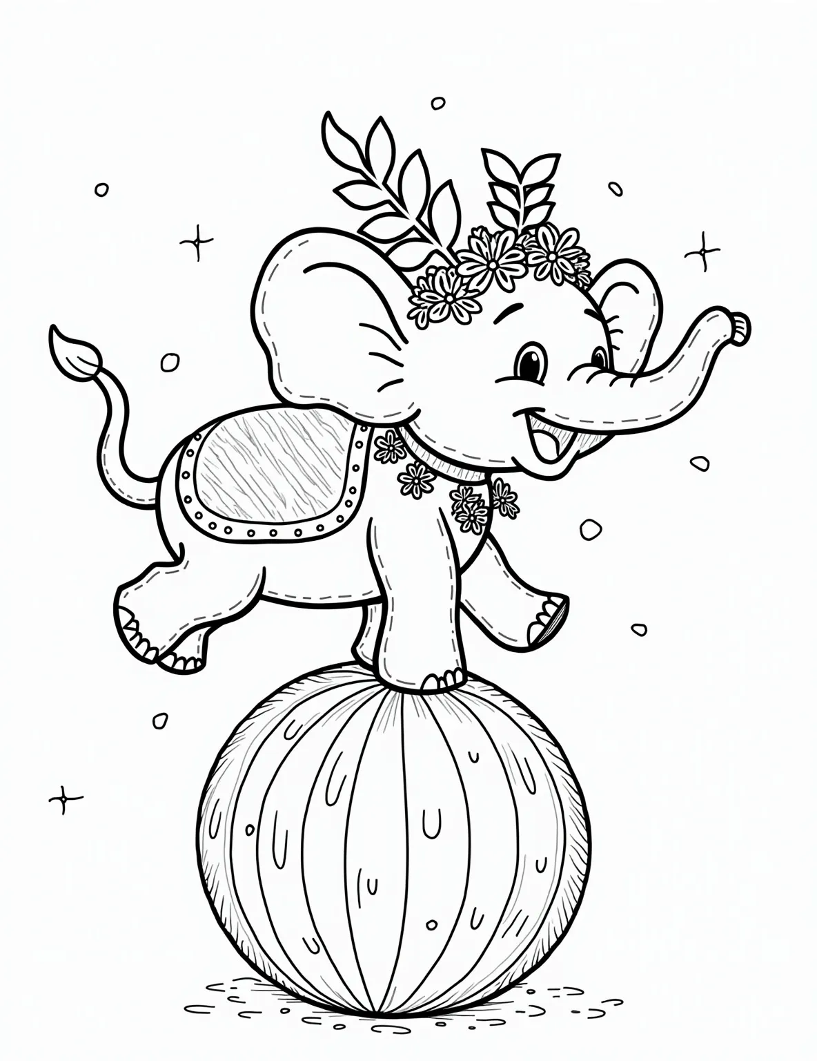 Circus Elephant Performer Coloring Page -- prompt: "black lines only Joyful circus elephant balancing on vibrant striped ball, adorned with ornate feathered headdress and flowery blanket. Bold outlines define playful features. Striped big top tent backdrop. Cheerful ringmaster silhouette. Dotted patterns and swirls fill empty spaces. Charming coloring page design for all ages. flat black lines, premium coloring page, coloring sheet, line drawing, Coloring Book, NO COLOR, NO SHADING, WHITE BACKGROUND. NO GRAY, BLACK AND WHITE, NO COLOR" -- Step right up to color this charming circus elephant! The elephant is balancing on a colorful ball, wearing a fancy headdress and blanket. This page is perfect for those who love a touch of whimsy and circus magic in their coloring adventures.