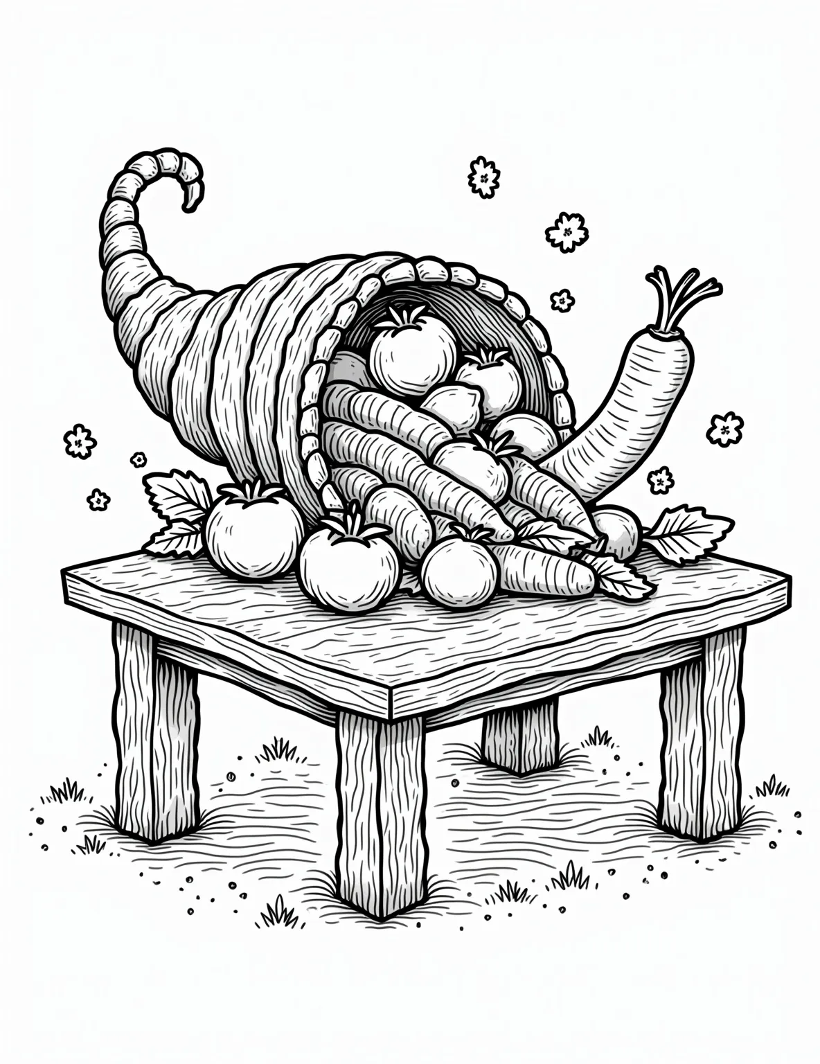 Farm Fresh Veggies Coloring Page -- prompt: "black lines only Vibrant cornucopia overflowing with crisp carrots, plump tomatoes, and leafy greens onto rustic wooden table. Bold outlines define each vegetable's shape, creating a playful, inviting coloring page. Curly tendrils and cheerful faces on produce add whimsy. Harvest abundance radiates joy, flat black lines, premium coloring page, coloring sheet, line drawing, Coloring Book, NO COLOR, NO SHADING, WHITE BACKGROUND. NO GRAY, BLACK AND WHITE, NO COLOR" -- Celebrate nature's bounty with our Farm Fresh Veggies coloring page! A cornucopia of vegetables spills out onto a rustic wooden table, featuring carrots, tomatoes, lettuce, and more. This page is perfect for teaching kids about different vegetables while providing a relaxing coloring experience.