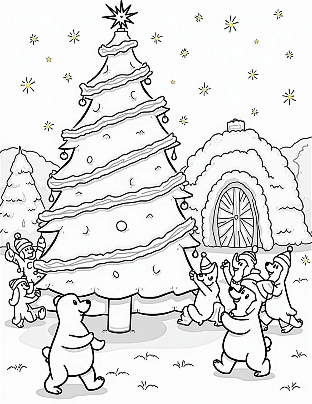 Frosty's North Pole Dance Party Coloring Page -- prompt: "black lines only Cheerful Frosty the Snowman leads a conga line of playful polar bears, penguins, and mischievous elves around a towering Christmas tree. Bold outlines define each character, with empty spaces awaiting vibrant colors. North Pole backdrop features igloos and snowflakes. Fun, festive scene flat black lines, premium coloring page, coloring sheet, line drawing, Coloring Book, NO COLOR, NO SHADING, WHITE BACKGROUND. NO GRAY, BLACK AND WHITE, NO COLOR" -- Join Frosty the Snowman and his arctic friends for a festive dance party at the North Pole! This lively coloring page features Frosty leading a conga line of penguins, polar bears, and elves around a twinkling Christmas tree. It's a perfect blend of winter fun and holiday cheer that will have kids giggling as they color.