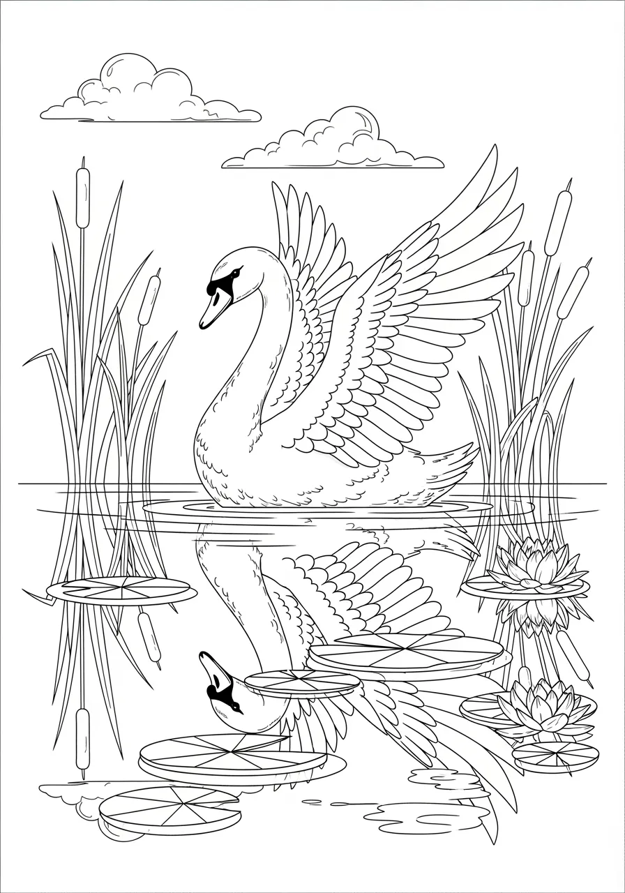 Graceful Swan Lake Reflection Coloring Page -- prompt: "black lines only Fun coloring book style page featuring a majestic swan with outstretched wings gliding across a peaceful lake, perfect mirror reflection below, surrounded by cattails, lily pads, and cheerful clouds above flat black lines, premium coloring page, coloring sheet, line drawing, Coloring Book, NO COLOR, NO SHADING, WHITE BACKGROUND. NO GRAY, BLACK AND WHITE, NO COLOR" -- This elegant swan glides peacefully across a serene lake with its reflection visible in the calm water. The swan's long neck and graceful posture create a tranquil coloring experience. It's wonderful for teaching about waterfowl and the beauty found in peaceful natural settings.