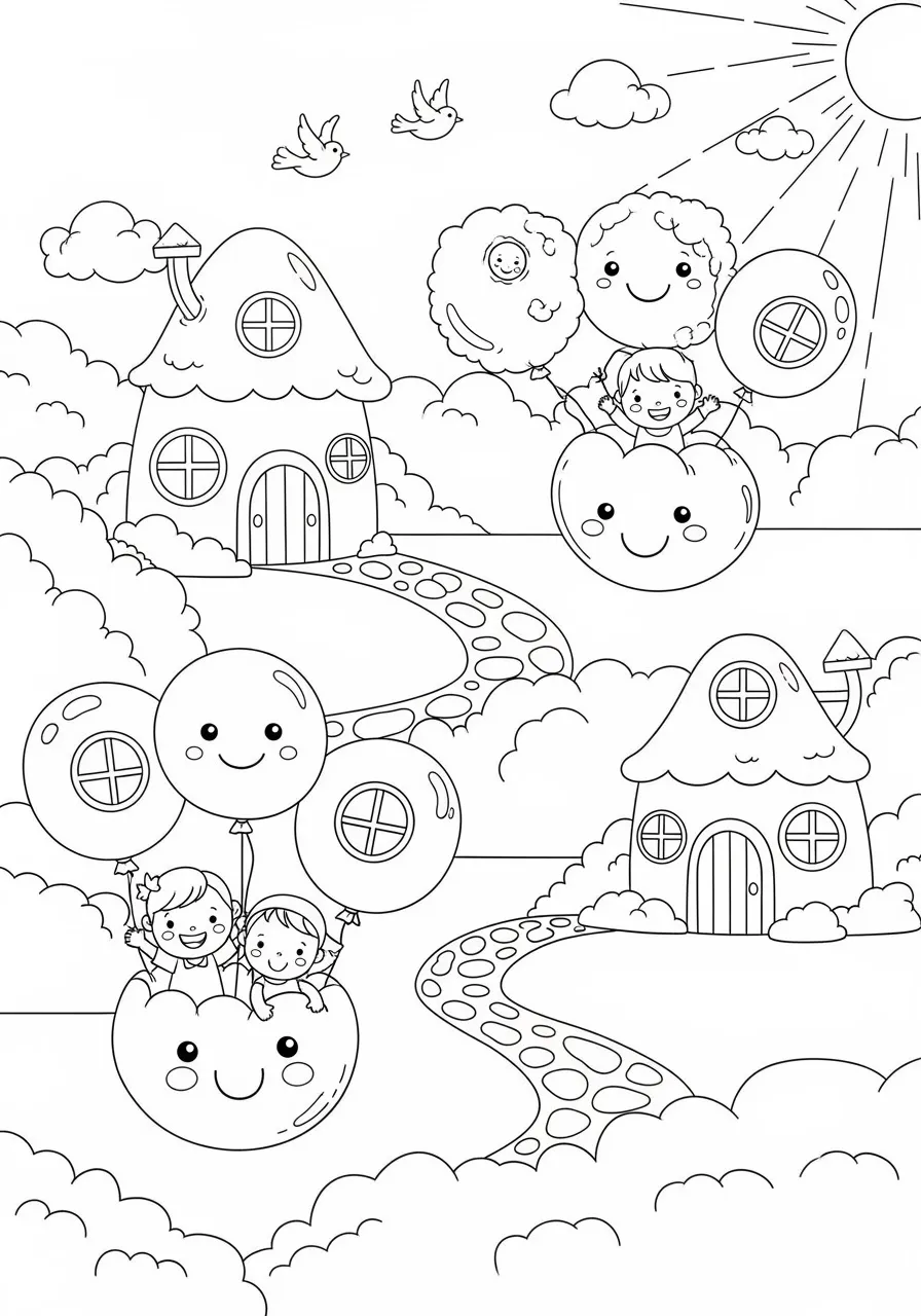 Cozy cloud village with balloon riders