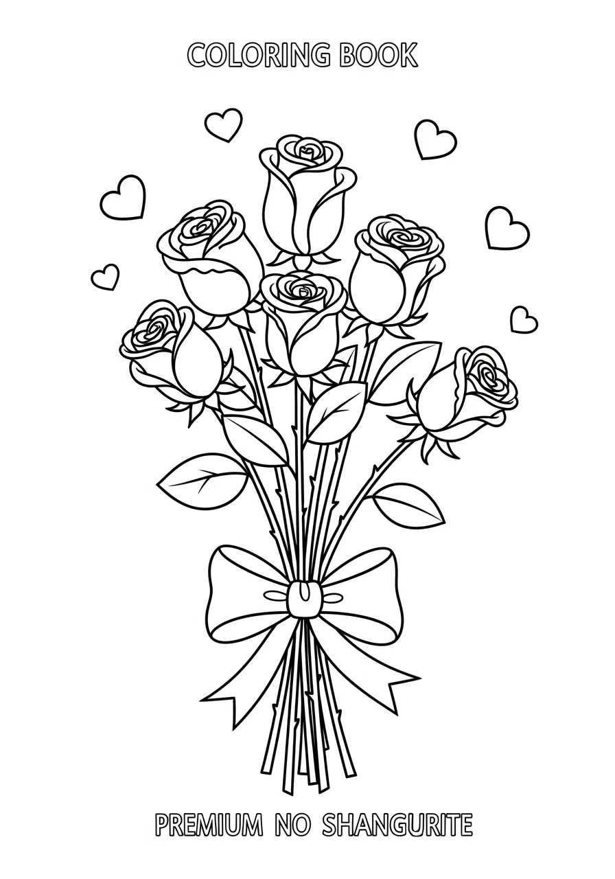 Elegant Rose Bouquet Valentine Coloring Page -- prompt: "black lines only Fun coloring book style illustration of cheerful long-stemmed roses arranged in a bouquet, bold black outlines, simple shapes, decorative bow ribbon, floating heart symbols, smiling flower faces, easy-to-color sections, child-friendly design, white background flat black lines, premium coloring page, coloring sheet, line drawing, Coloring Book, NO COLOR, NO SHADING, WHITE BACKGROUND. NO GRAY, BLACK AND WHITE, NO COLOR" -- This sophisticated coloring page features a beautiful bouquet of long-stemmed roses tied with an ornate ribbon, perfect for adult colorists who appreciate floral artistry. The detailed petals and leaves provide opportunities for shading and color blending techniques, while the decorative ribbon adds an extra element of elegance. This romantic design captures the timeless beauty of roses as the classic symbol of love.