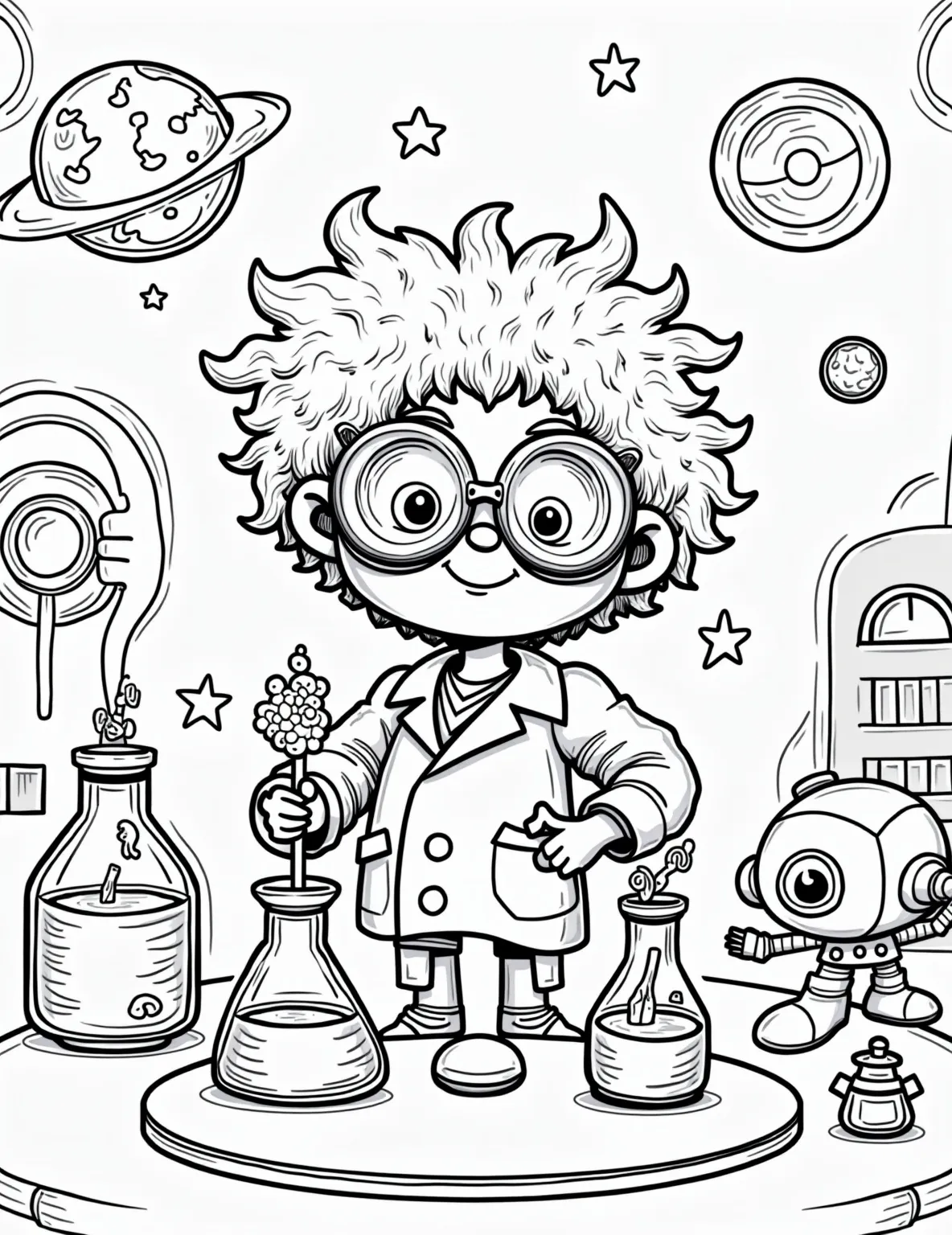 Space Station Science Lab Coloring Page -- prompt: "black lines only Jovial boy scientist with spiky hair, wearing oversized goggles, mixes bubbling potions in cartoonish beakers. Simplified space station interior with bold outlines. Earth, a swirling circle, visible through round window. Playful robots assist. Chunky stars and planets float outside. Thick lines perfect for coloring. flat black lines, premium coloring page, coloring sheet, line drawing, Coloring Book, NO COLOR, NO SHADING, WHITE BACKGROUND. NO GRAY, BLACK AND WHITE, NO COLOR" -- Embark on a scientific journey in space with this fascinating space station science lab coloring page. It showcases a young boy conducting experiments in a high-tech laboratory aboard a space station. This page is ideal for boys who love science and dream of becoming astronauts.