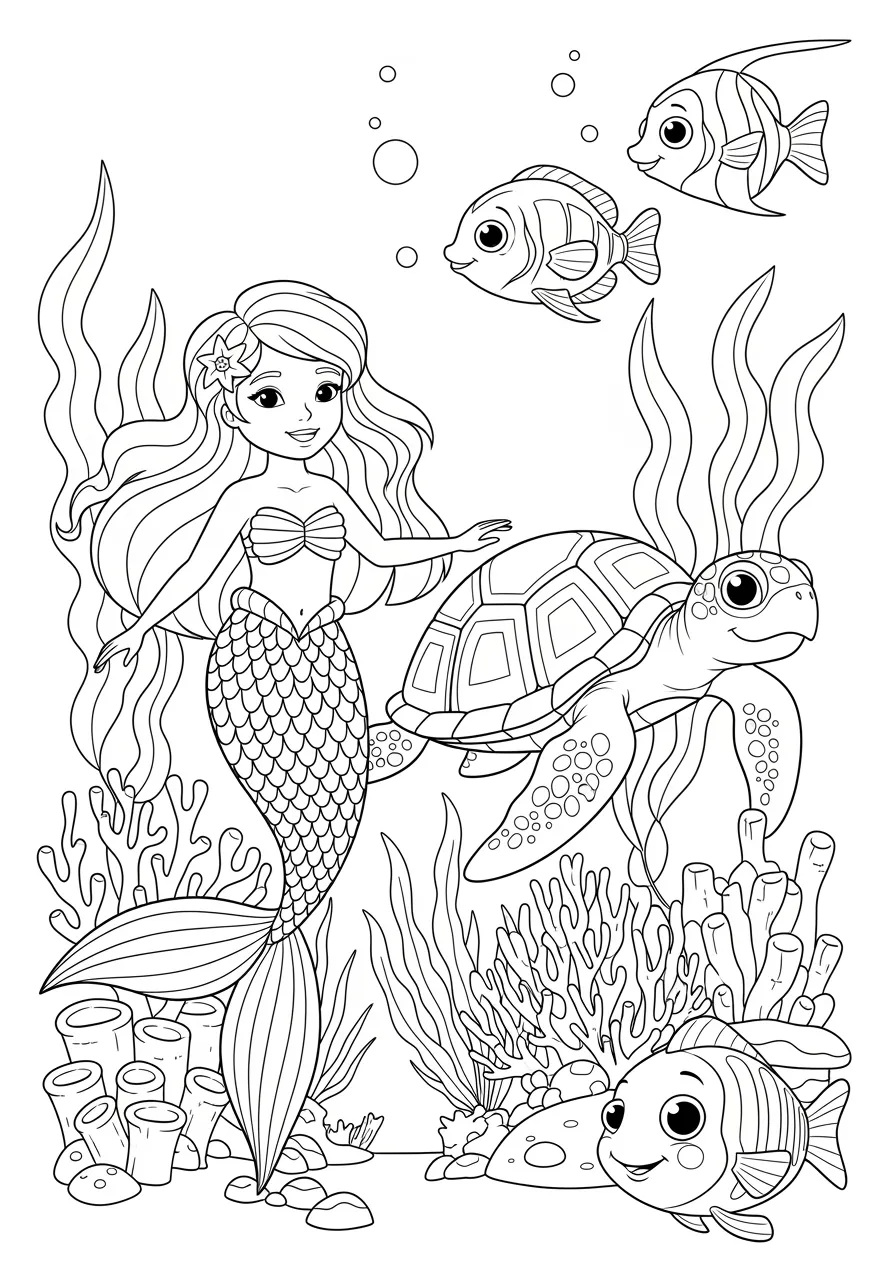 Young Mermaid's First Swimming Lesson Coloring Page -- prompt: "black lines only Young mermaid with flowing hair and scaled tail practices swimming beside wise sea turtle with patterned shell, surrounded by coral reef, seaweed, and tropical fish, bold black outlines, simple shapes perfect for coloring flat black lines, premium coloring page, coloring sheet, line drawing, Coloring Book, NO COLOR, NO SHADING, WHITE BACKGROUND. NO GRAY, BLACK AND WHITE, NO COLOR" -- This adorable page shows a little mermaid learning to swim with the help of a gentle sea turtle. The encouraging underwater scene depicts friendship and growth in a safe ocean environment. Simple lines and shapes make this page ideal for younger children while still being engaging for older kids.
